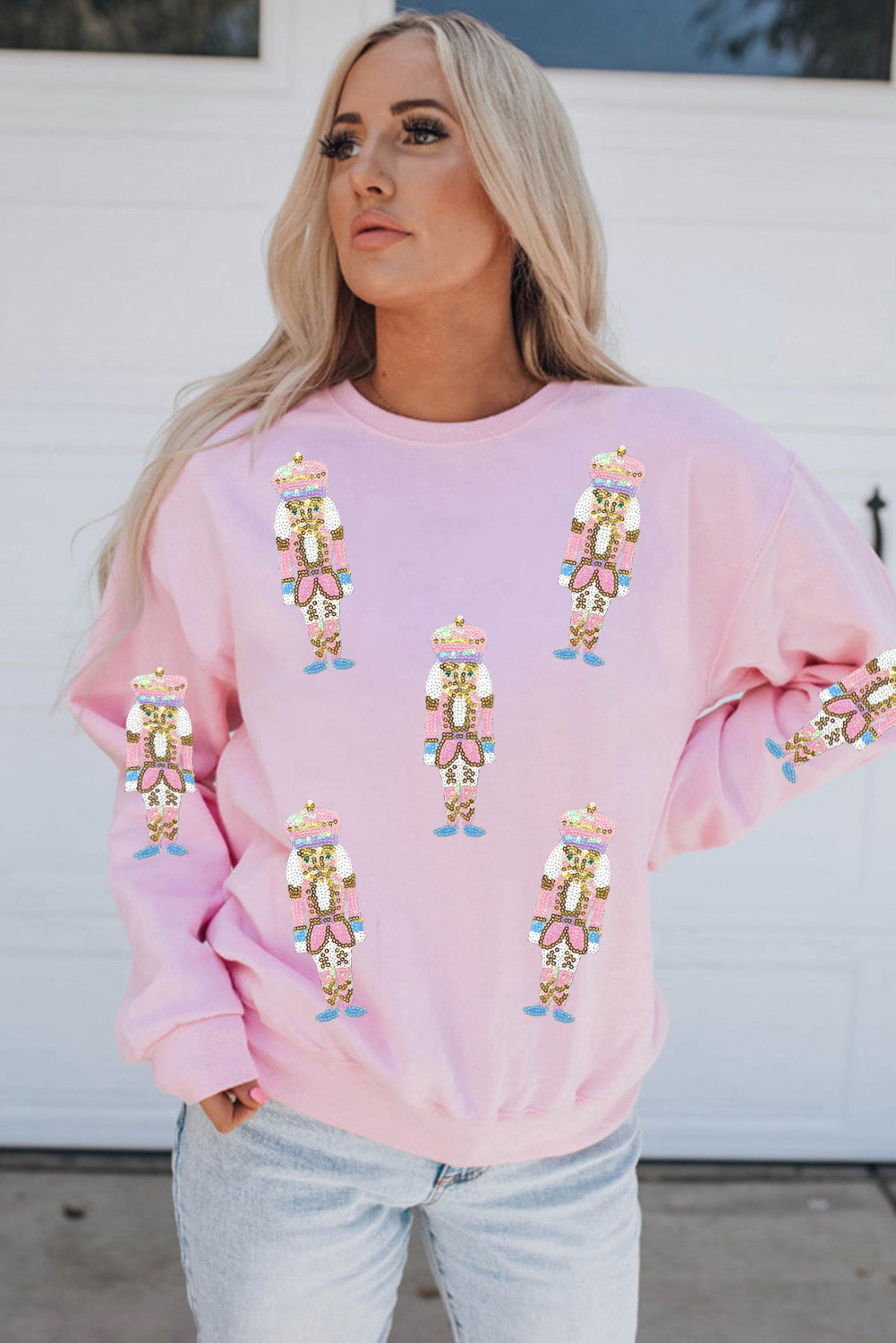 Pink Sequin Nutcracker Christmas Pullover Sweatshirt-Graphic/Graphic Sweatshirts-[Adult]-[Female]-2022 Online Blue Zone Planet
