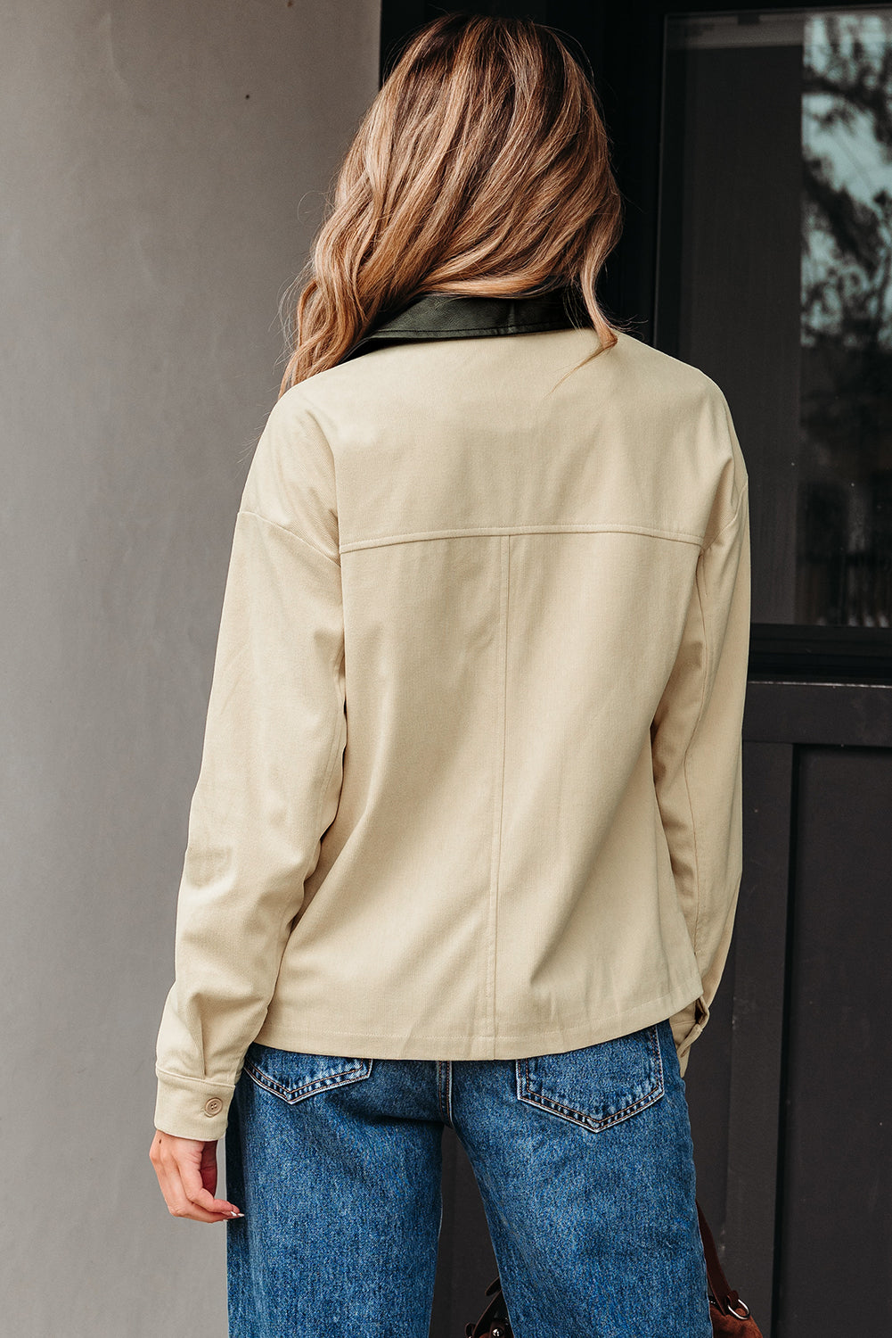 Parchment Contrast Leather Collar Textured Zip Up Jacket-Outerwear/Jackets-[Adult]-[Female]-2022 Online Blue Zone Planet