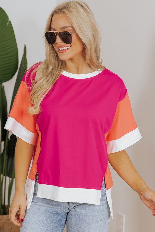 Rose Red Color Block Patchwork Side Slits Loose Fit T Shirt-Tops/Tops & Tees-[Adult]-[Female]-Rose Red-S-2022 Online Blue Zone Planet