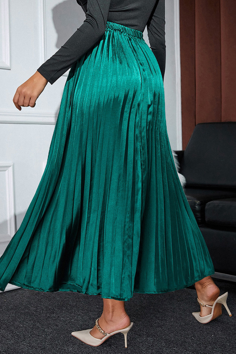 Blackish Green Satin Elastic Waist Pleated Maxi Skirt-Bottoms/Skirts & Petticoat-[Adult]-[Female]-2022 Online Blue Zone Planet