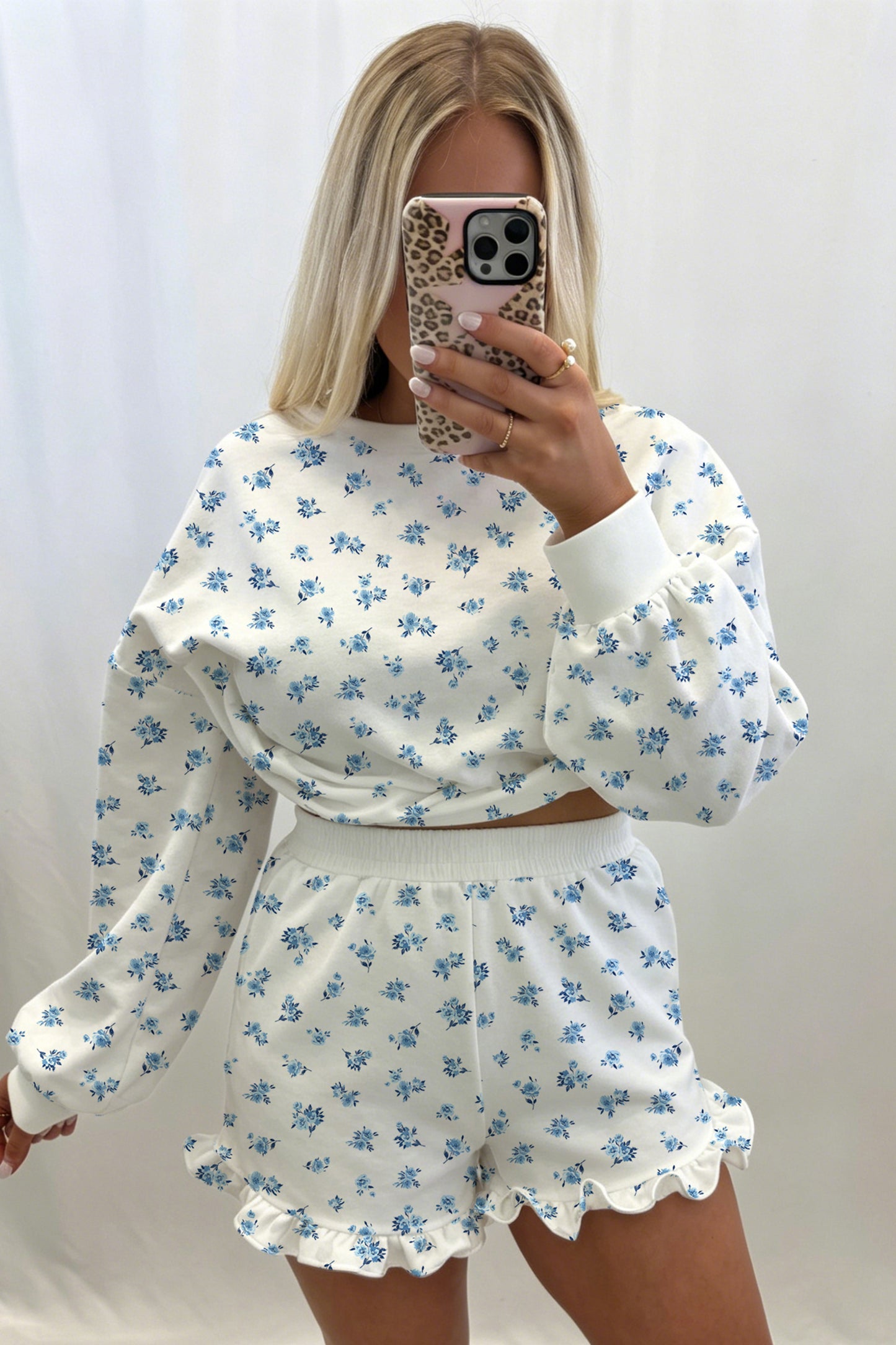 Sky Blue Floral Print Long Sleeve Top Elastic Waist Ruffle Hem Shorts 2pcs Set-Two Piece Sets/Short Sets-[Adult]-[Female]-2022 Online Blue Zone Planet