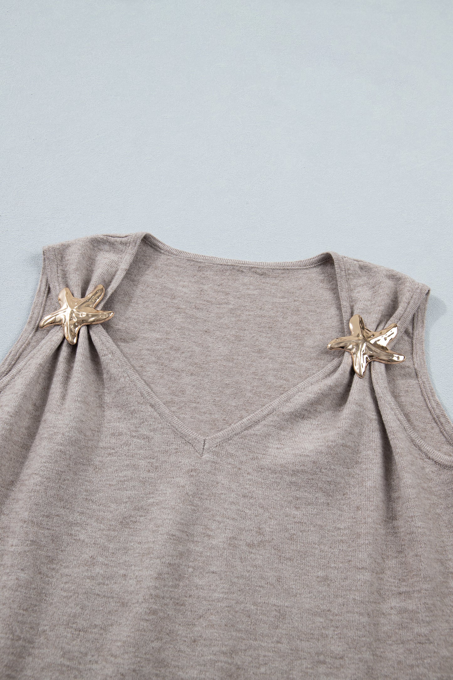 Gray Morn Metal Star Detail V Neck Sweater Knit Tank Top-Sweaters & Cardigans/Sweater Vests-[Adult]-[Female]-2022 Online Blue Zone Planet