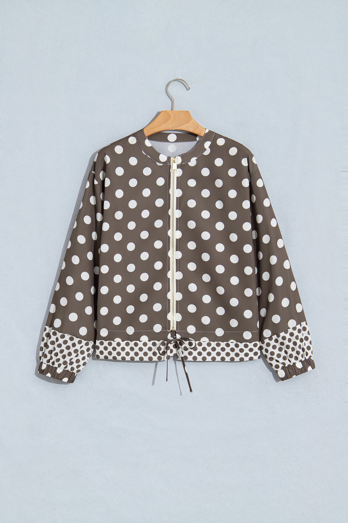 Brown Polka Dot Contrast Detail Zip-Up Long Sleeve Shacket-Outerwear/Jackets-[Adult]-[Female]-2022 Online Blue Zone Planet