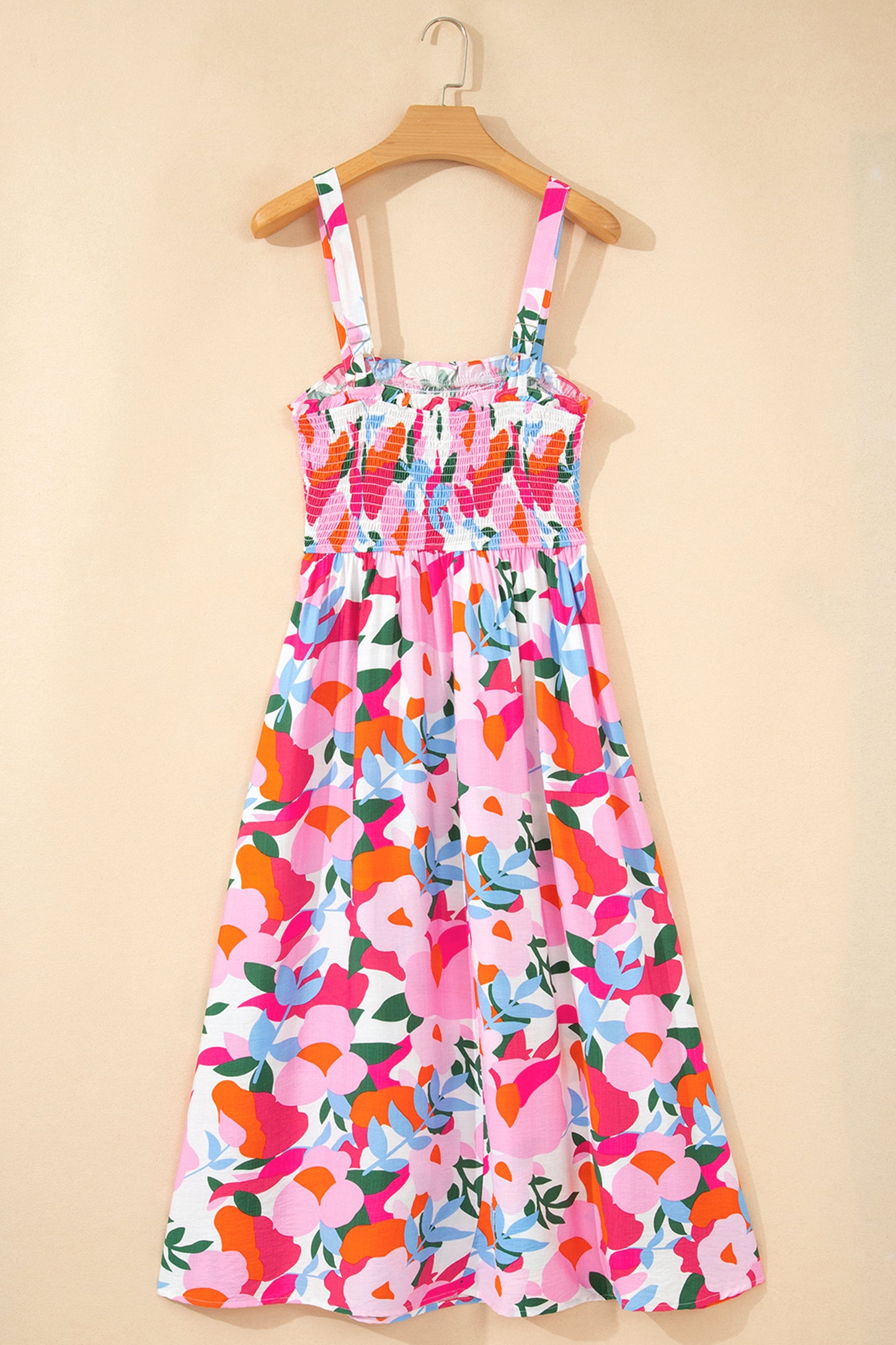 Pink Floral Print Adjustable Straps Smocked High Waist Sundress-TOPS / DRESSES-[Adult]-[Female]-2022 Online Blue Zone Planet