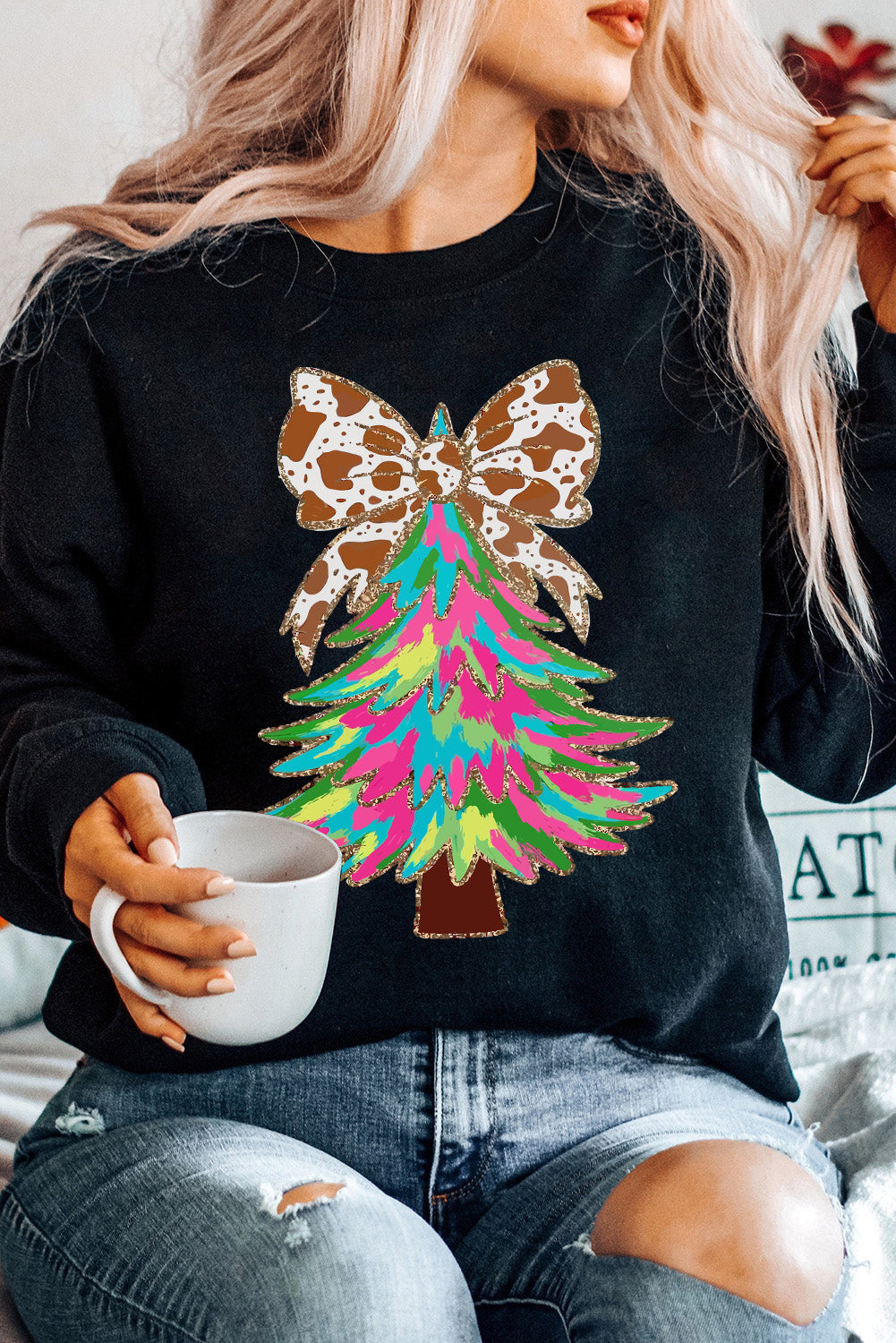 Black Bowknot Christmas Tree Shiny Graphic Sweatshirt-Graphic/Graphic Sweatshirts-[Adult]-[Female]-Black-S-2022 Online Blue Zone Planet