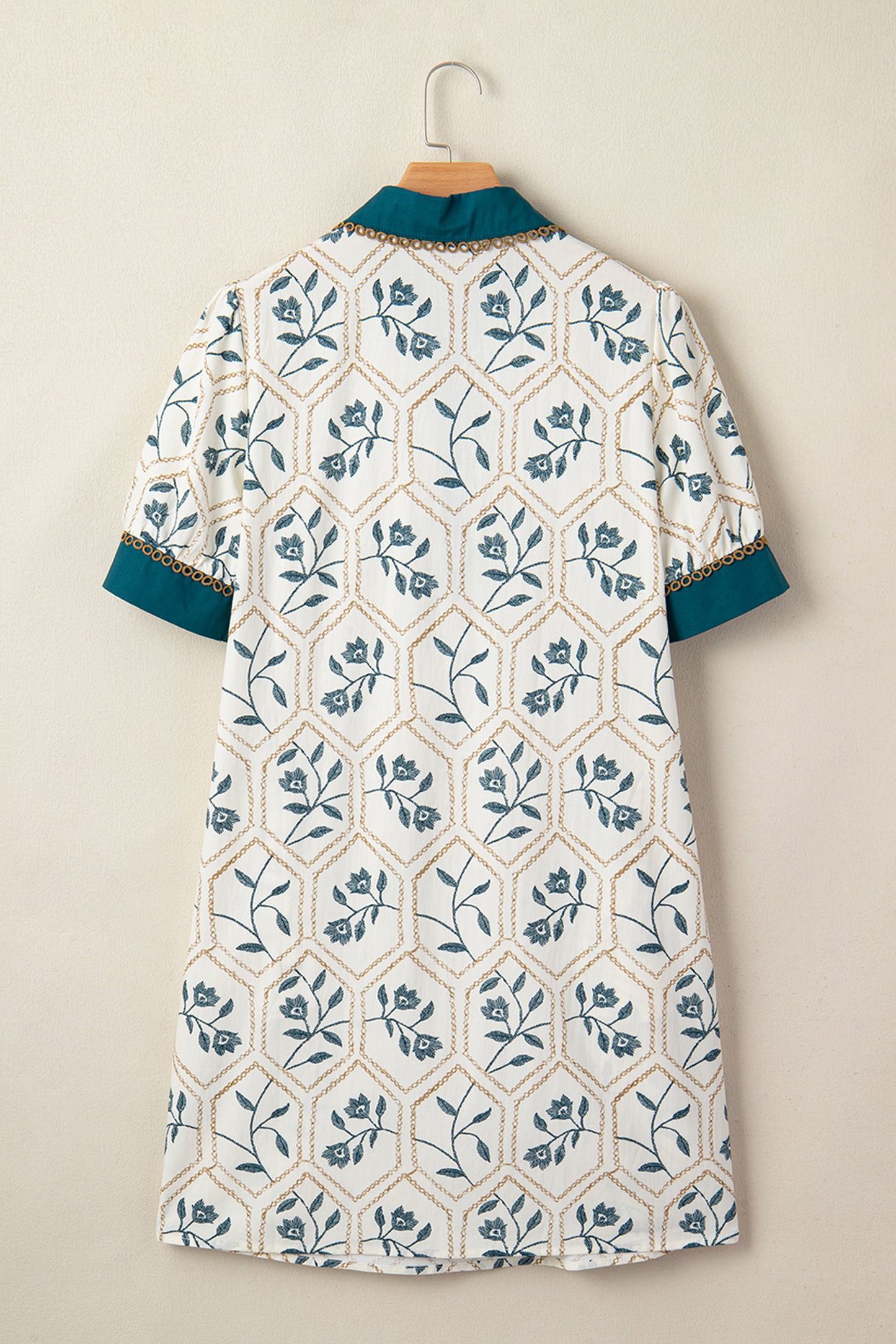 Blue Geometric Floral Print Lace Trim Collared Short Sleeve Mini Dress-TOPS / DRESSES-[Adult]-[Female]-2022 Online Blue Zone Planet