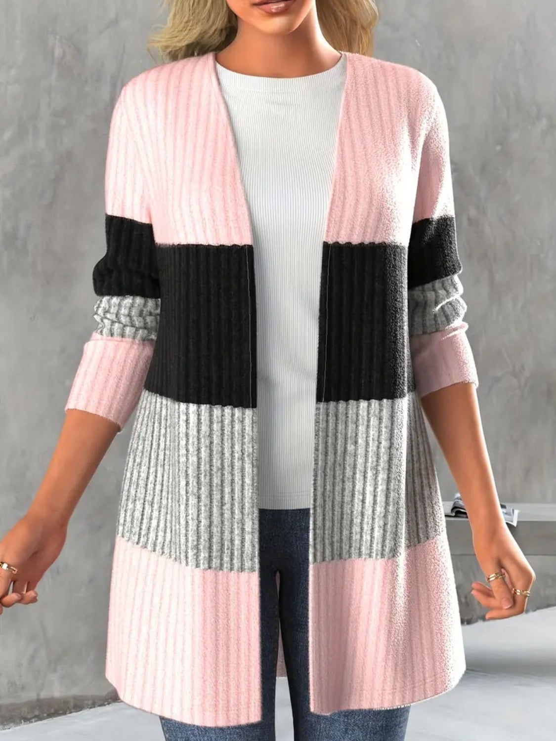 Color Block Open Front Long Sleeve Cardigan-TOPS / DRESSES-[Adult]-[Female]-Blush Pink-S-2022 Online Blue Zone Planet