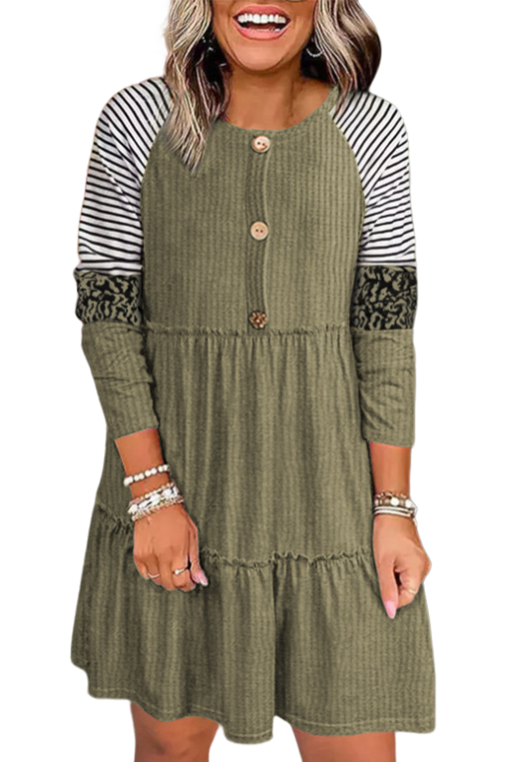 Multicolor Striped Leopard Raglan Sleeve Textured Dress-TOPS / DRESSES-[Adult]-[Female]-2022 Online Blue Zone Planet