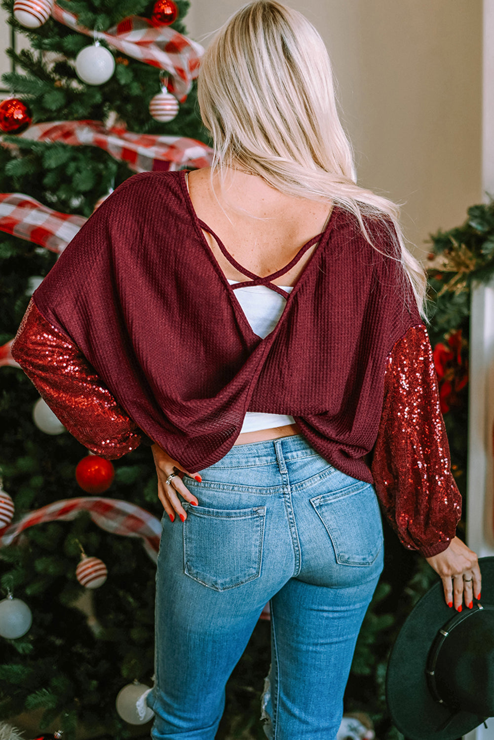 Burgundy Sequin Patchwork Sleeve Open Back Waffle Knit Top-Tops/Long Sleeve Tops-[Adult]-[Female]-2022 Online Blue Zone Planet