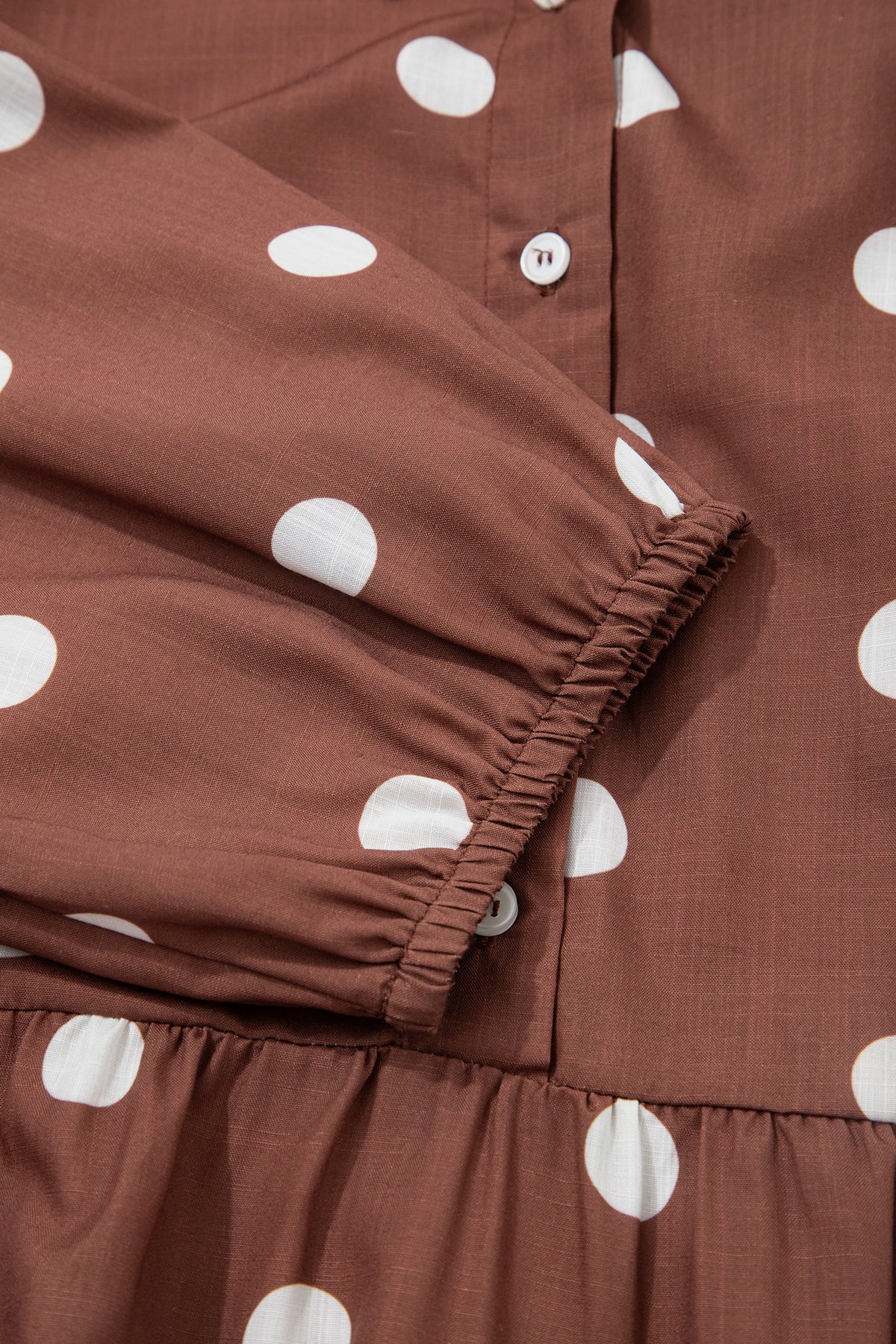 Brown Polka Dot V Neck Abdomen Pocket Gathered Cuffs Long Sleeve Shift Plus Size Dress-TOPS / DRESSES-[Adult]-[Female]-2022 Online Blue Zone Planet