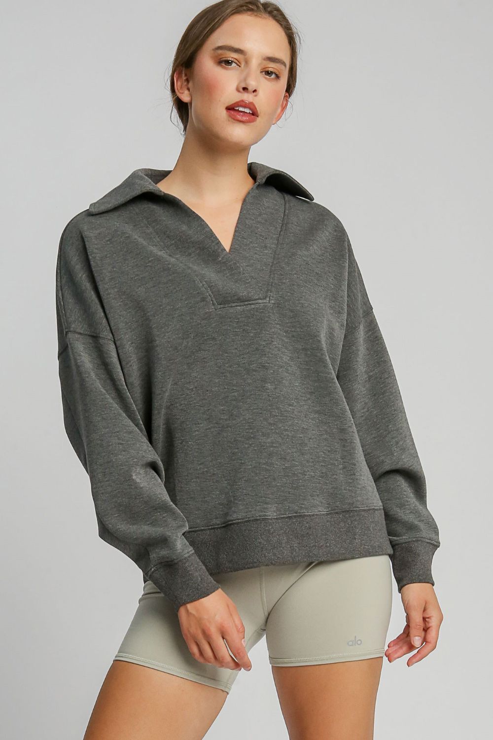 Umgee Johnny Collar Dropped Shoulder Sweatshirt-TOPS / DRESSES-[Adult]-[Female]-Charcoal-S-2022 Online Blue Zone Planet