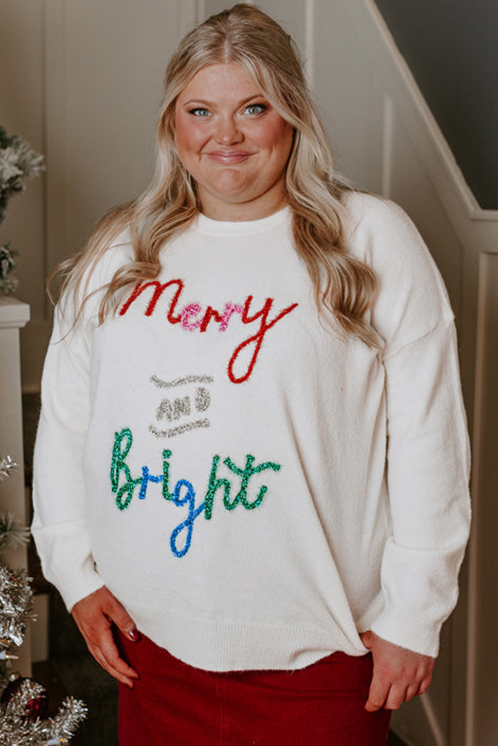 Blue Zone Planet | White Tinsel Merry AND Bright Pattern Plus Size Christmas Sweater-Plus Size/Plus Size Sweaters & Cardigans-[Adult]-[Female]-2022 Online Blue Zone Planet