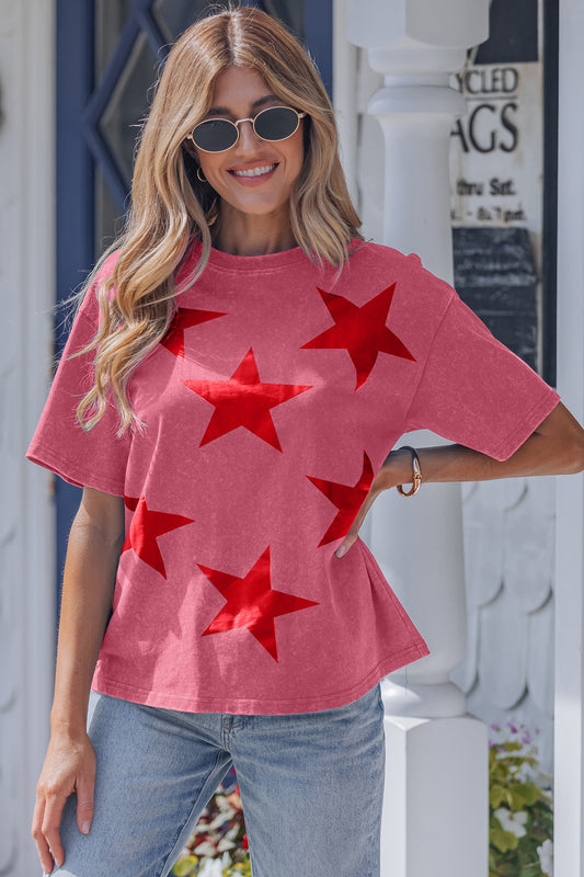 Red Independence Day Star Printed Mineral Wash T Shirt-Tops/Tops & Tees-[Adult]-[Female]-Red-S-2022 Online Blue Zone Planet