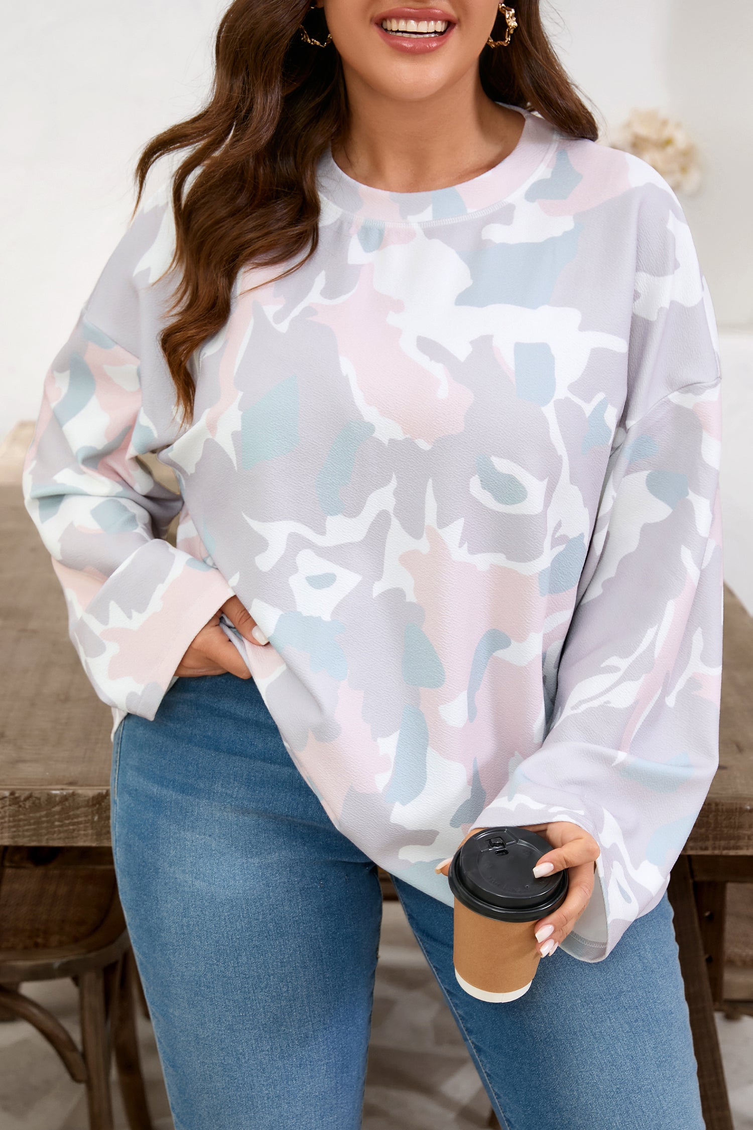 Green Plus Size Camouflage Print Drop Shoulder Loose Pullover Top-Plus Size/Plus Size Tops/Plus Size Long Sleeve Tops-[Adult]-[Female]-2022 Online Blue Zone Planet