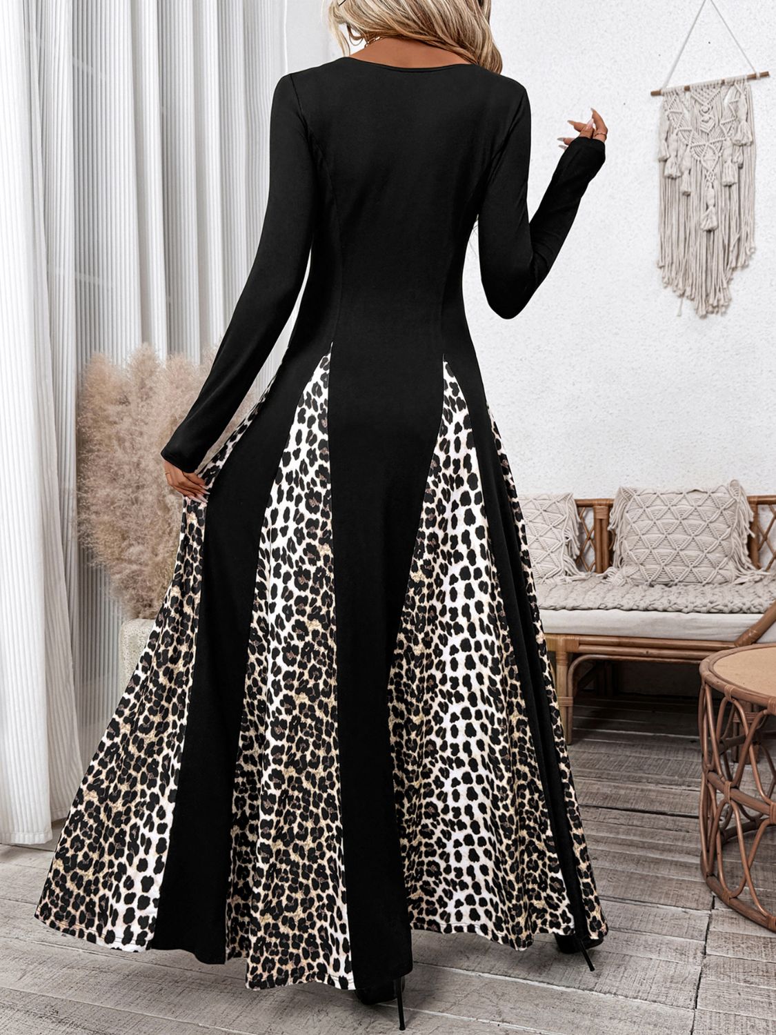 Perfee Leopard Square Neck Long Sleeve Maxi Dress-TOPS / DRESSES-[Adult]-[Female]-2022 Online Blue Zone Planet