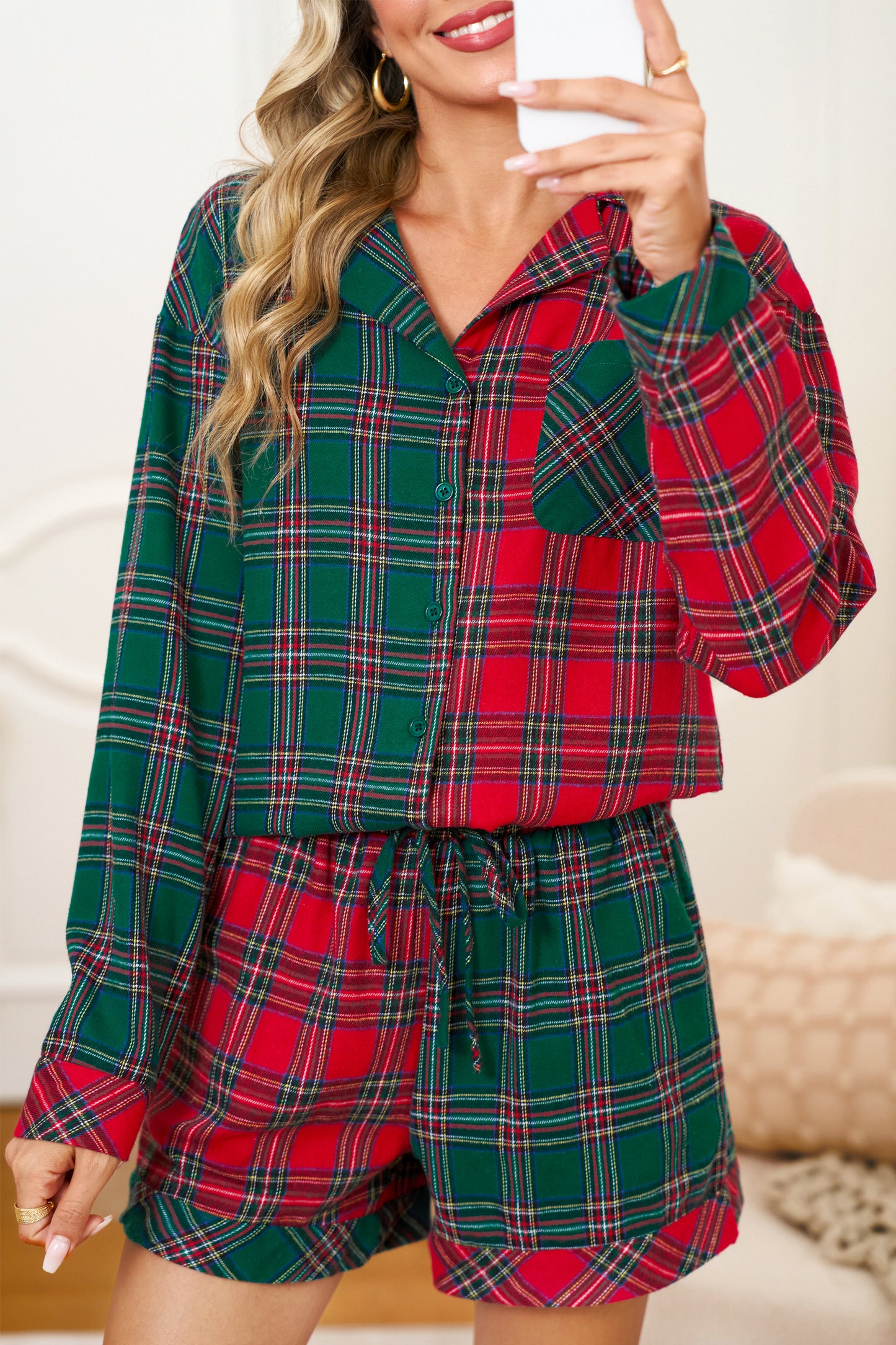 Green Plaid Christmas Holiday Patchwork Long Sleeve Shirt and Shorts Pajama Set-Loungewear Set-[Adult]-[Female]-2022 Online Blue Zone Planet