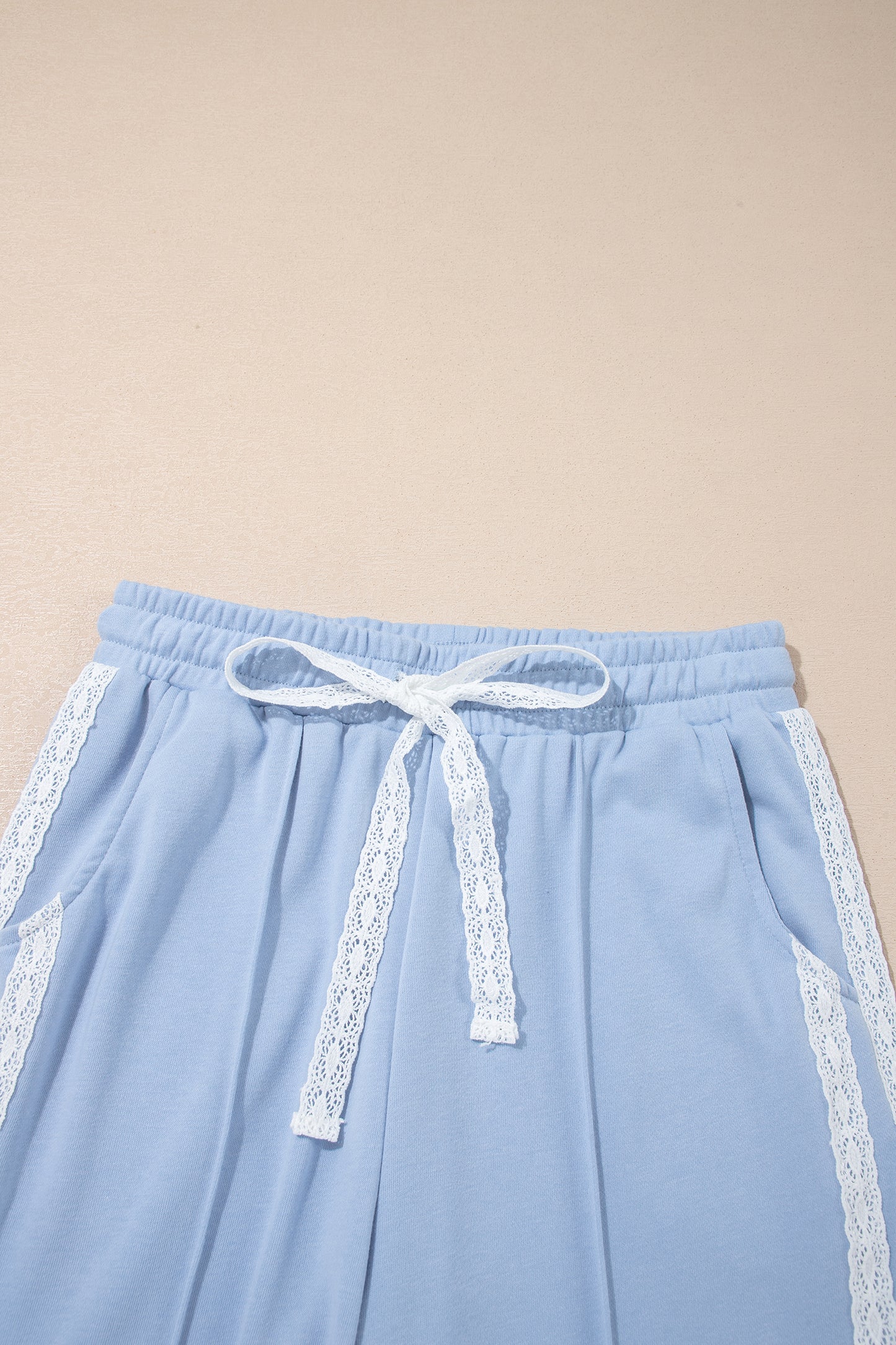 Sky Blue Lace Accent Zipped Collar Short Sleeve Top Sweatpants Set-Two Piece Sets/Pant Sets-[Adult]-[Female]-2022 Online Blue Zone Planet