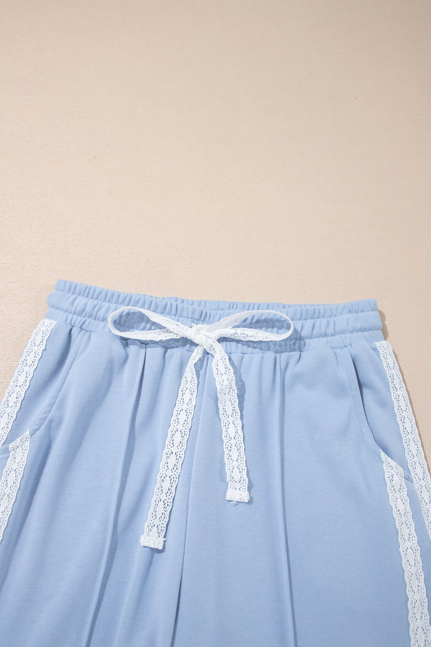 Sky Blue Lace Accent Zipped Collar Short Sleeve Top Sweatpants Set-Two Piece Sets/Pant Sets-[Adult]-[Female]-2022 Online Blue Zone Planet