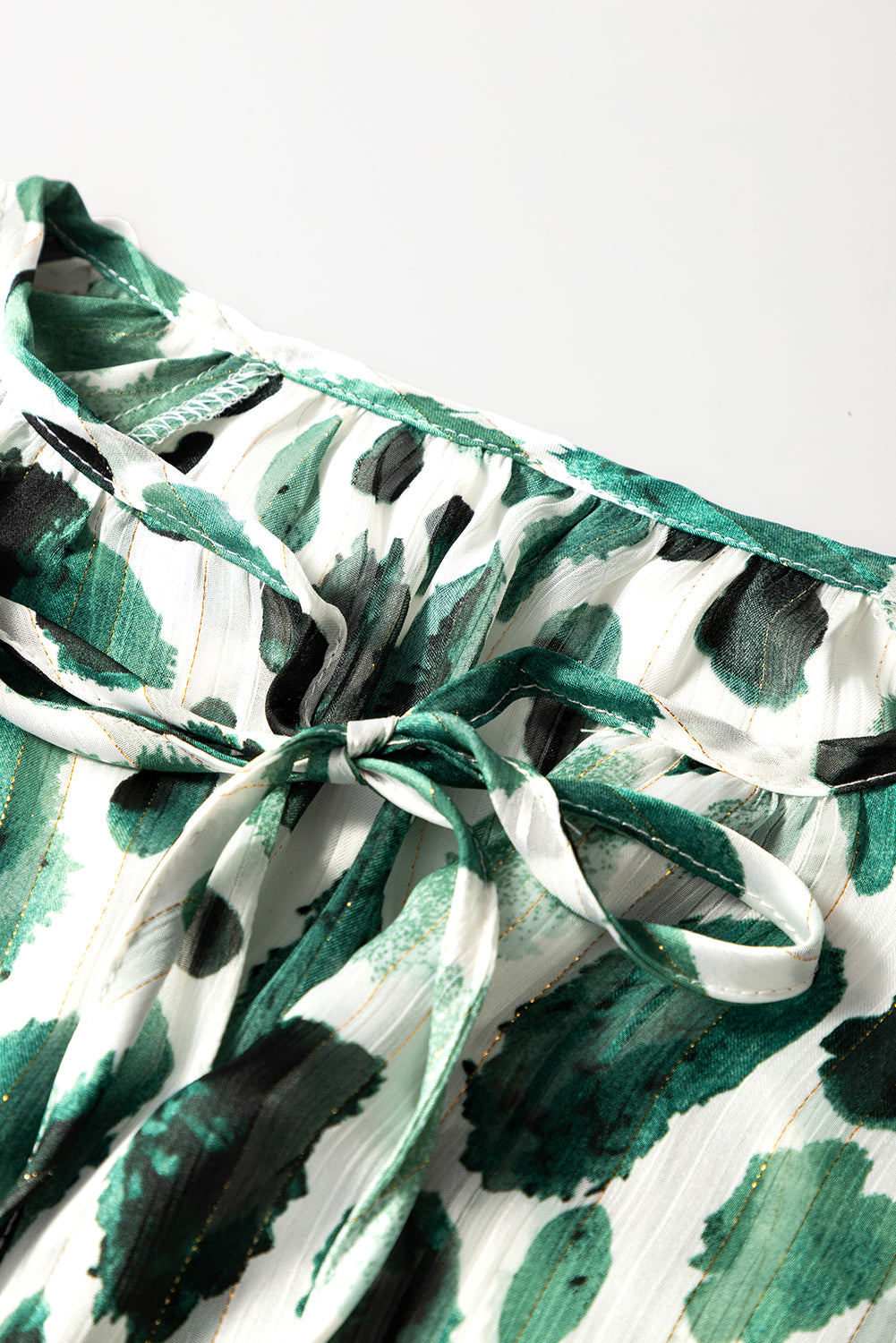 Green Metallic Threading Accents Pleated Abstract Printed Ruffled 3/4 Sleeve Blouse-Tops/Blouses & Shirts-[Adult]-[Female]-2022 Online Blue Zone Planet