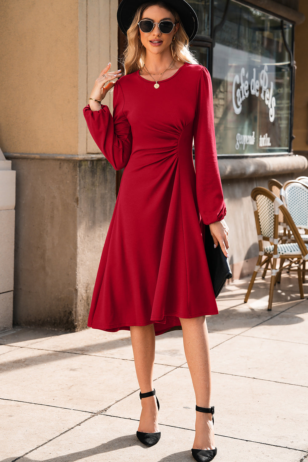 Fiery Red Solid Color Ruched Detail Long Sleeve Midi Dress-TOPS / DRESSES-[Adult]-[Female]-2022 Online Blue Zone Planet