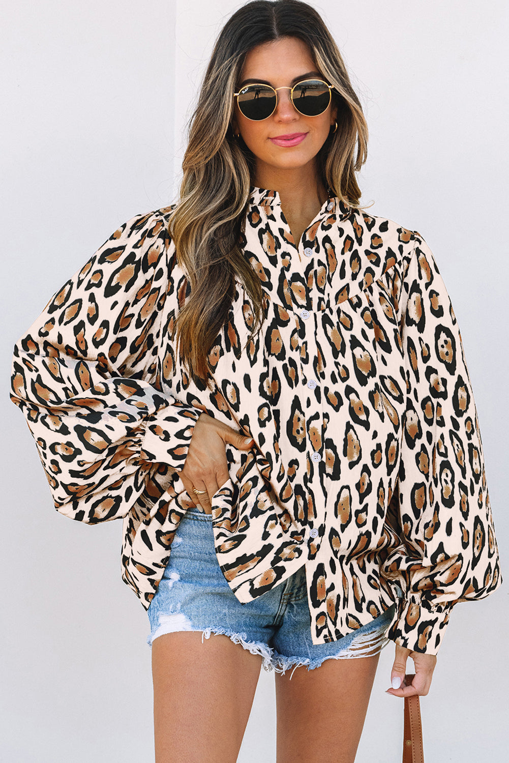 Blue Zone Planet | Jet Stream Oversized Leopard Print Balloon Sleeve Casual Shirt-Tops/Blouses & Shirts-[Adult]-[Female]-2022 Online Blue Zone Planet