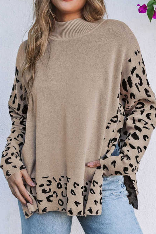 Blue Zone Planet | Slit Leopard Mock Neck Dropped Shoulder Sweater-TOPS / DRESSES-[Adult]-[Female]-Khaki-S-2022 Online Blue Zone Planet