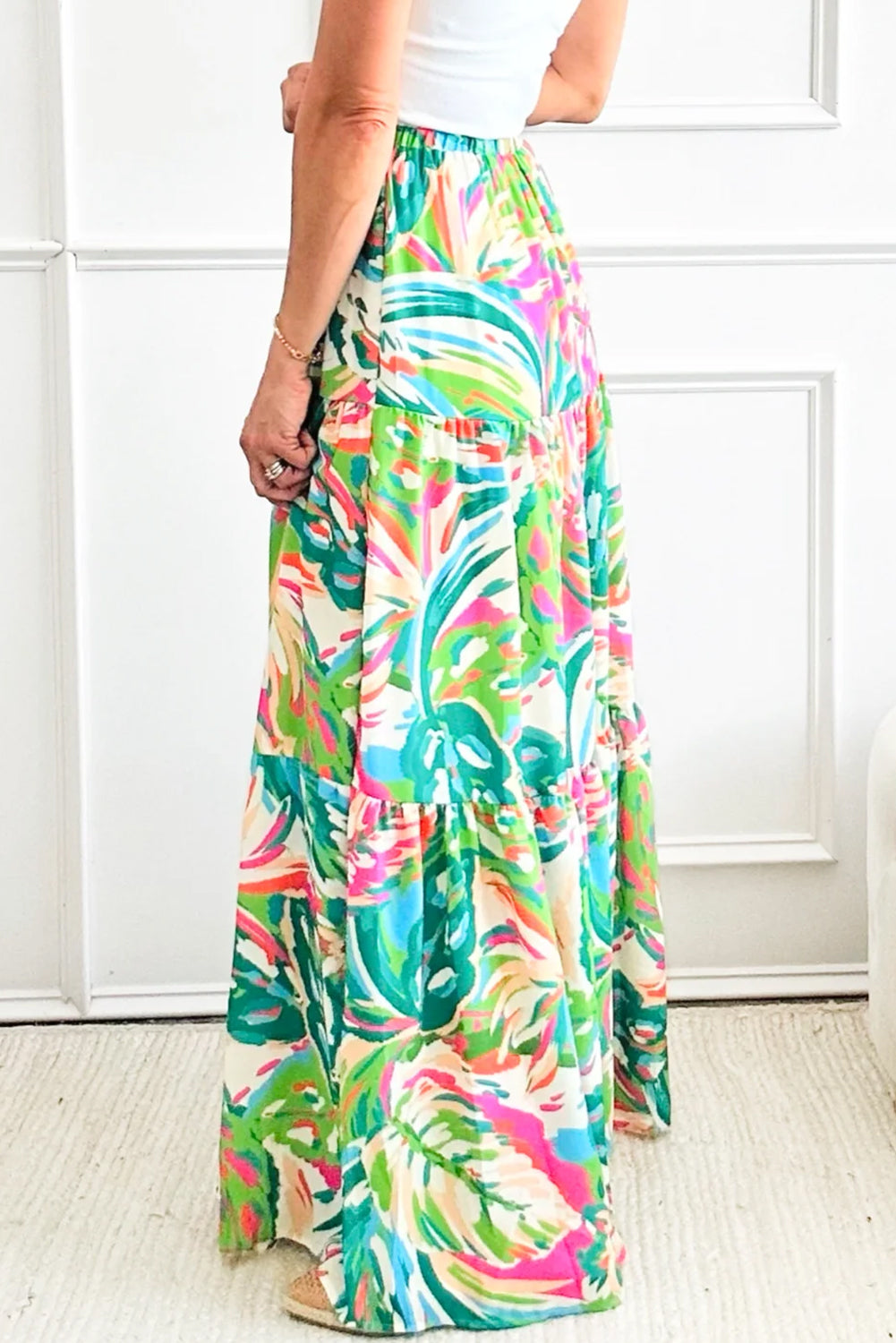 Green Abstract Printed High Waist Tiered Maxi Skirt-Bottoms/Skirts & Petticoat-[Adult]-[Female]-2022 Online Blue Zone Planet