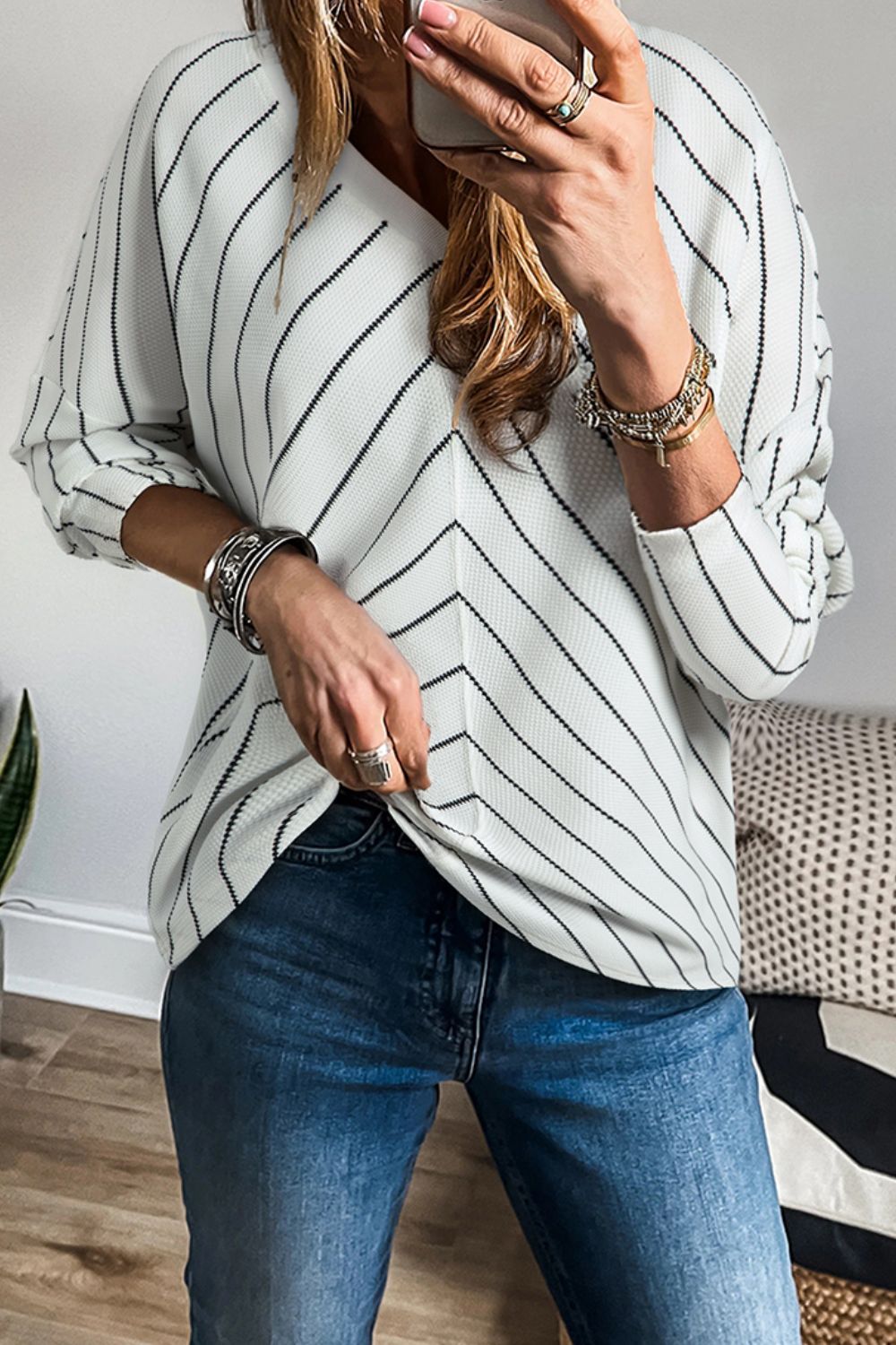 Striped V-Neck Long Sleeve Blouse-TOPS / DRESSES-[Adult]-[Female]-2022 Online Blue Zone Planet