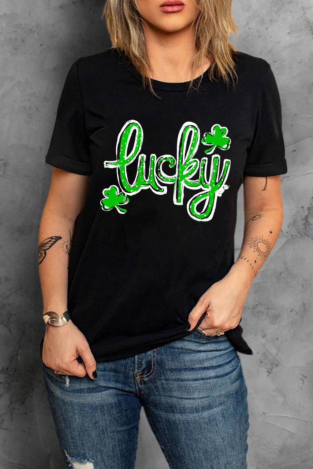 Black St. Patricks Lucky Clover Print O Neck T Shirt-Graphic/Graphic Tees-[Adult]-[Female]-2022 Online Blue Zone Planet