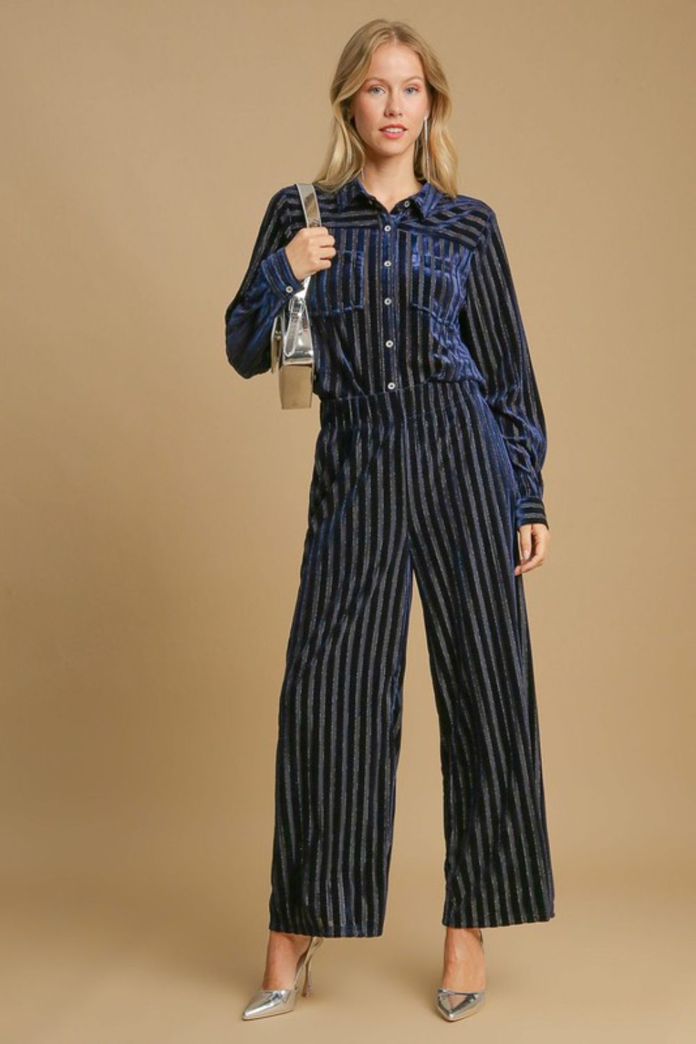 Blue Zone Planet | Umgee Full Size Elastic Waist Striped Wide Leg Velvet Pants-BOTTOMS SIZES SMALL MEDIUM LARGE-[Adult]-[Female]-2022 Online Blue Zone Planet