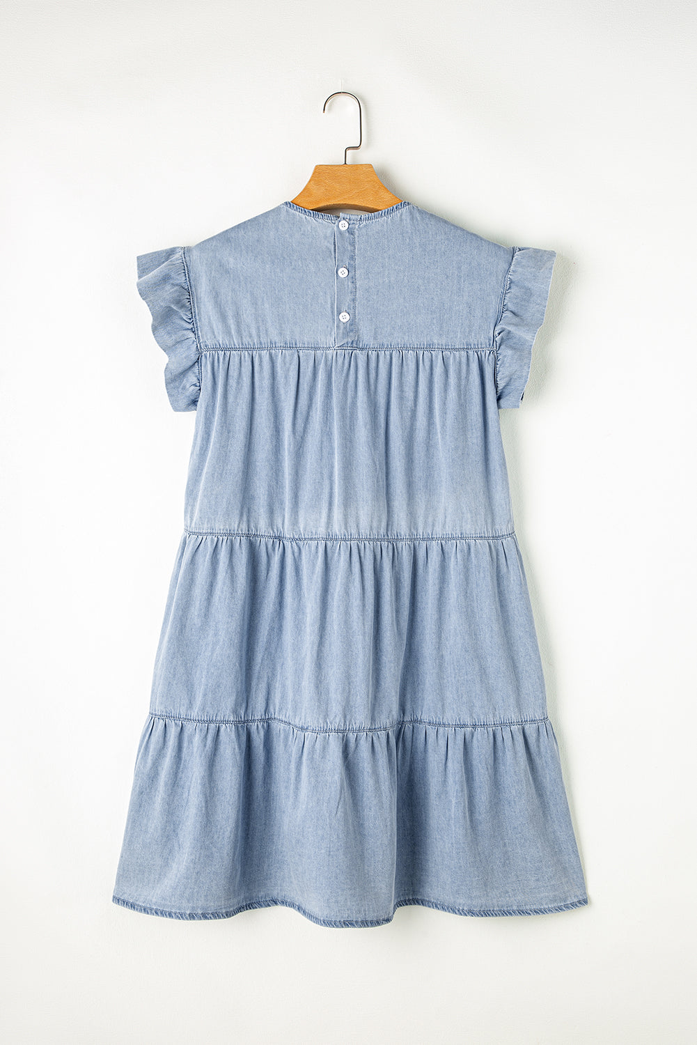 Blue Zone Planet | Beau Blue Ruffle Short Sleeve Tiered A-line Denim Dress-TOPS / DRESSES-[Adult]-[Female]-2022 Online Blue Zone Planet