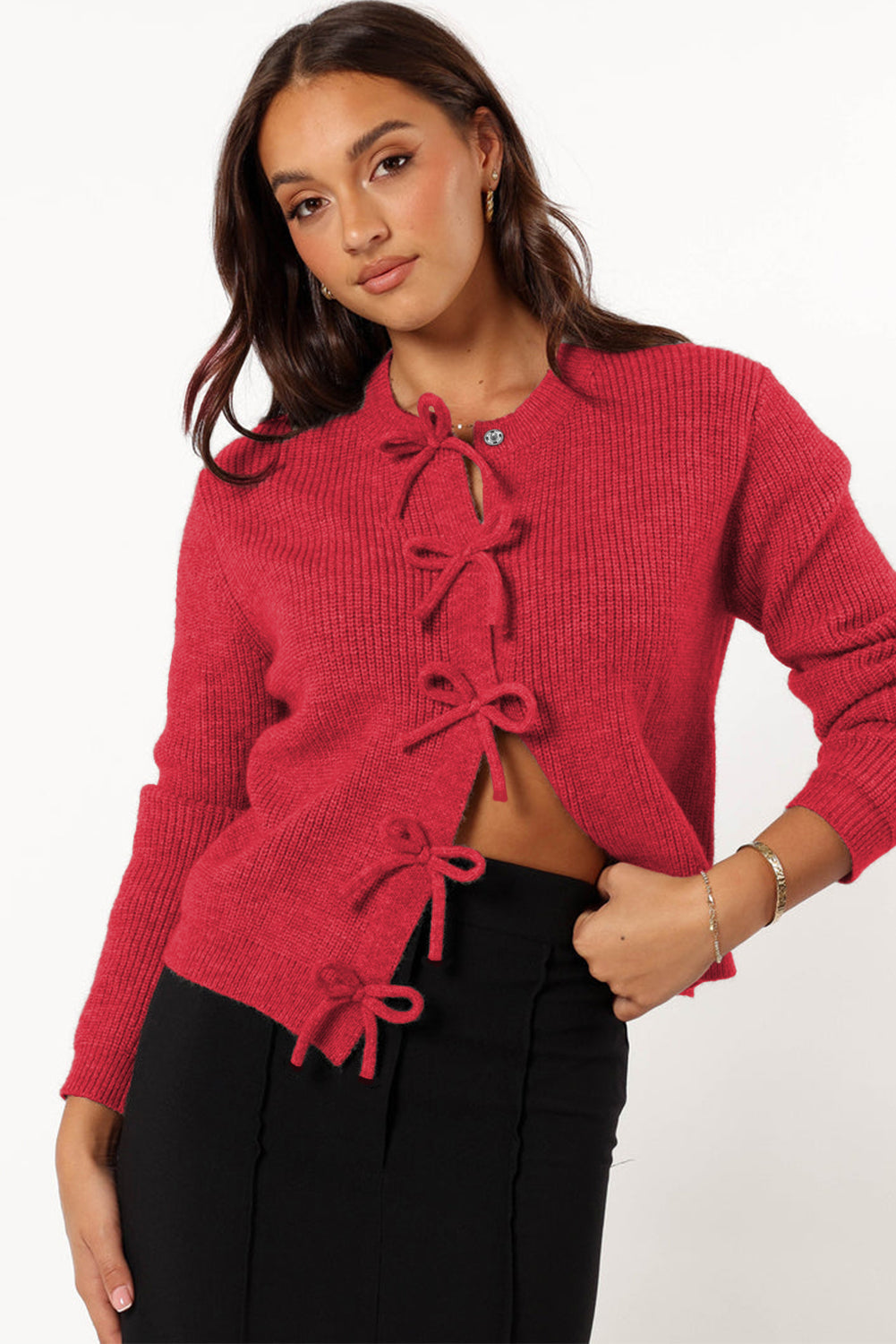 Fiery Red Sweet Bow Front Knit Cardigan-Cardigans-[Adult]-[Female]-2022 Online Blue Zone Planet