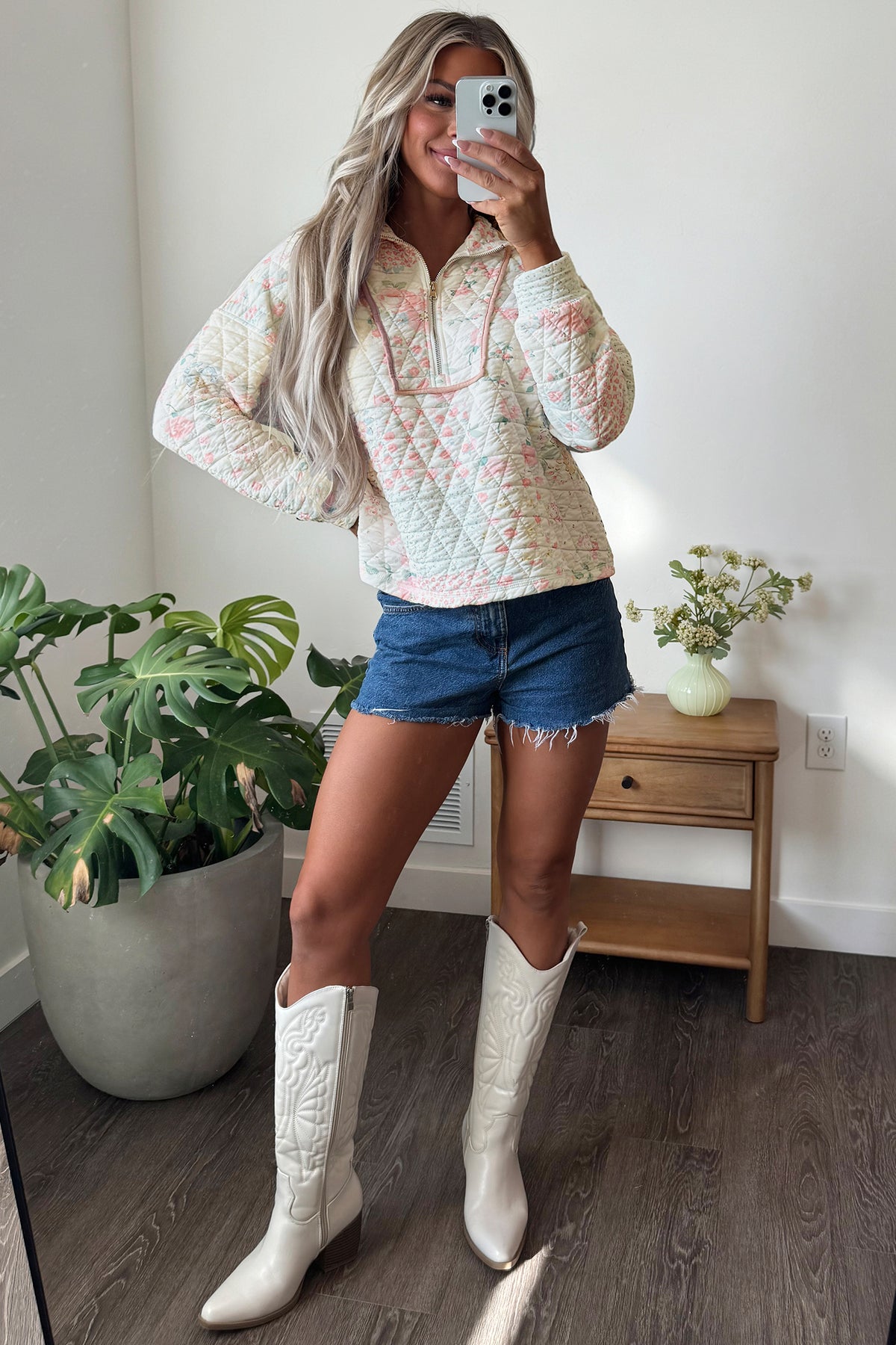 Multicolour Floral Quilted Metal Zipper Collar Long Sleeve Sweatshirt-Tops / Dresses-[Adult]-[Female]-2022 Online Blue Zone Planet