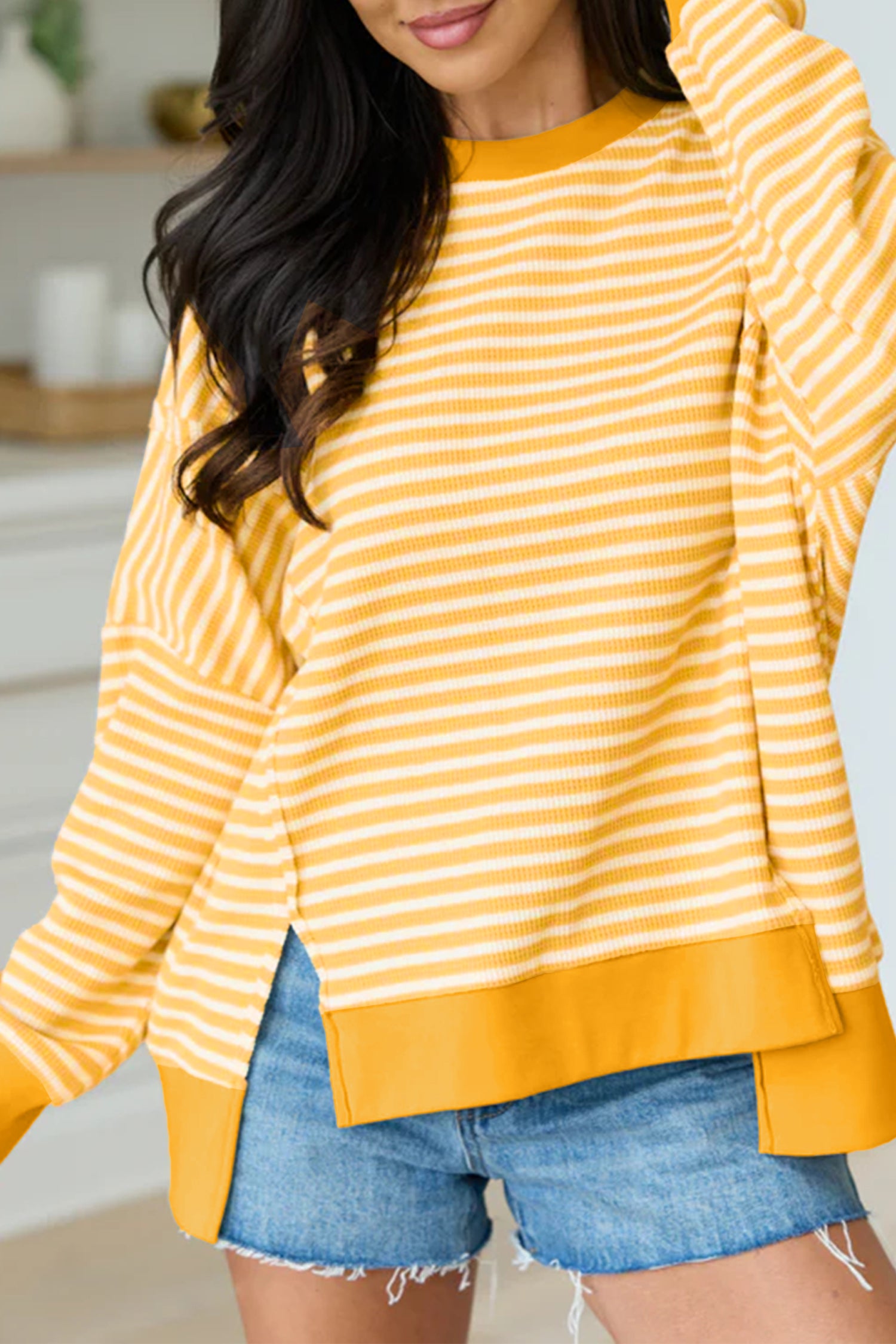 Khaki Stripe Textured Knit Color Block Trim Split Hem Long Sleeve Top-Tops/Long Sleeve Tops-[Adult]-[Female]-2022 Online Blue Zone Planet