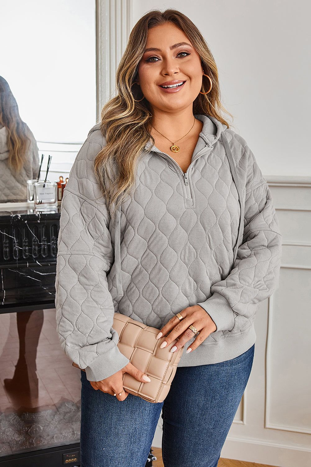 Gray Quilted Quarter Zip Plus Size Hoodie-Plus Size/Plus Size Sweatshirts & Hoodies-[Adult]-[Female]-2022 Online Blue Zone Planet