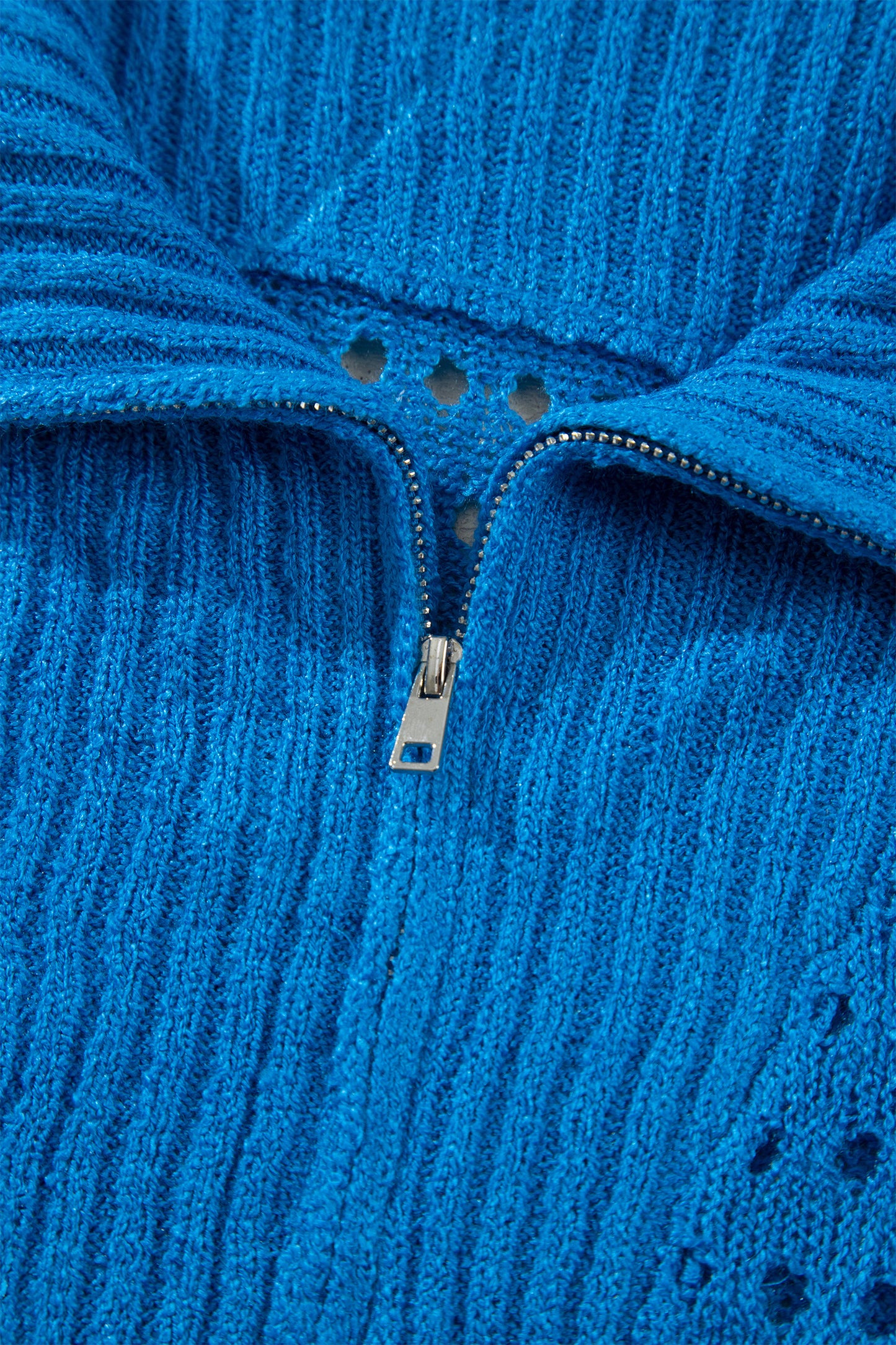 Sky Blue Solid Color Hollowed Knit Short Sleeve Zipper Collar Knitwear Top-Sweaters & Cardigans/Short Sleeve Sweaters-[Adult]-[Female]-2022 Online Blue Zone Planet