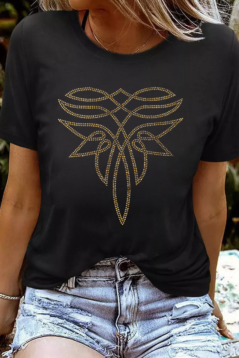 Black Rhinestone Western Pattern Cotton Blend Graphic T Shirt-Graphic/Graphic Tees-[Adult]-[Female]-Black-S-2022 Online Blue Zone Planet