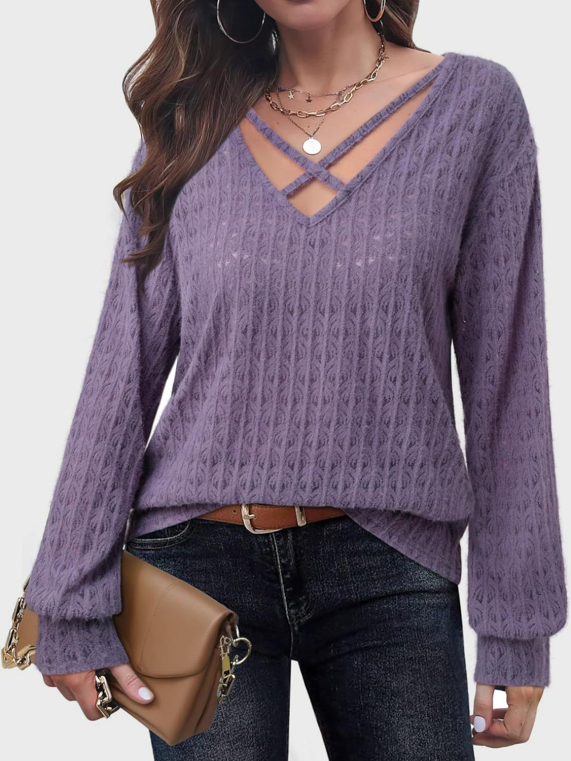 Crisscross Cutout Long Sleeve Top-TOPS / DRESSES-[Adult]-[Female]-Lilac-M-2022 Online Blue Zone Planet