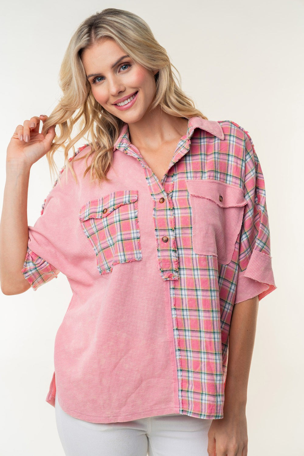 Blue Zone Planet | White Birch Plaid Color Block Half Button Top-TOPS / DRESSES-[Adult]-[Female]-2022 Online Blue Zone Planet