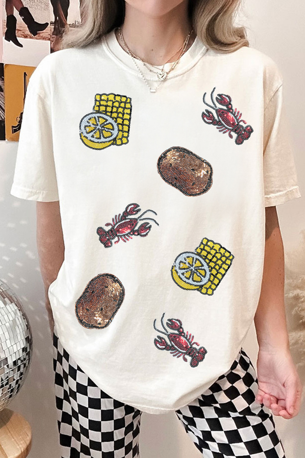 White Sequin Crawfish Potato Lemon Corn Graphic Crewneck T Shirt-Graphic/Graphic Tees-[Adult]-[Female]-2022 Online Blue Zone Planet