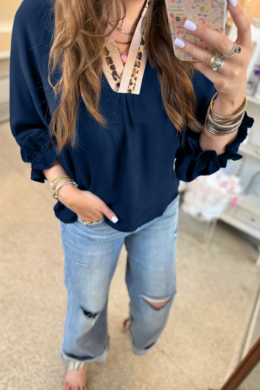 Violet Leopard Trim V Neck Flounced Bracelet Sleeve Blouse-Bracelet-[Adult]-[Female]-2022 Online Blue Zone Planet
