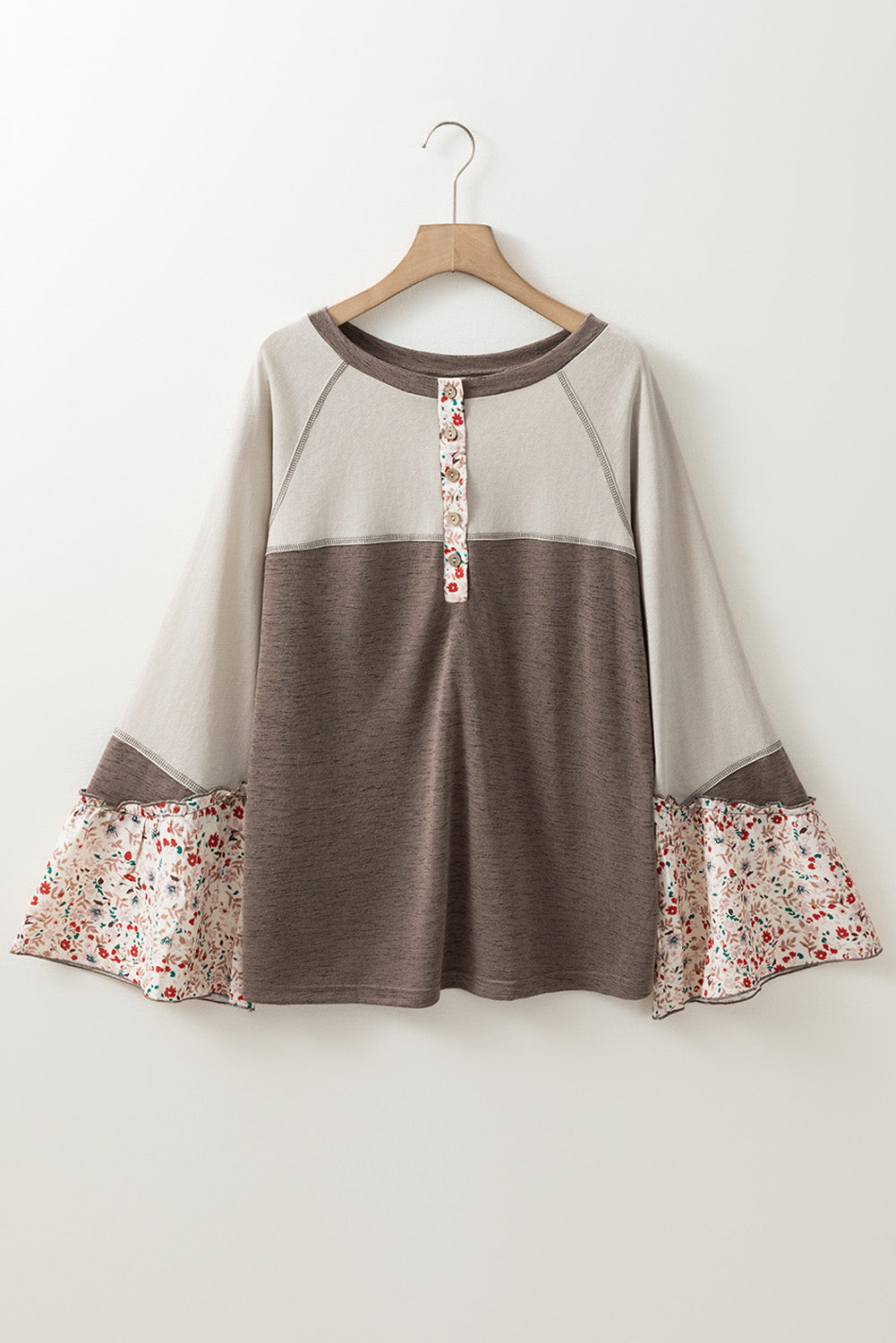 Floral Half Button Long Sleeve T-Shirt-TOPS / DRESSES-[Adult]-[Female]-2022 Online Blue Zone Planet