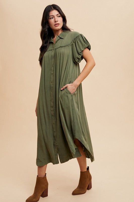 Annie Wear Mineral Washed Button Down Puff Sleeve Shirt Dress-TOPS / DRESSES-[Adult]-[Female]-2022 Online Blue Zone Planet