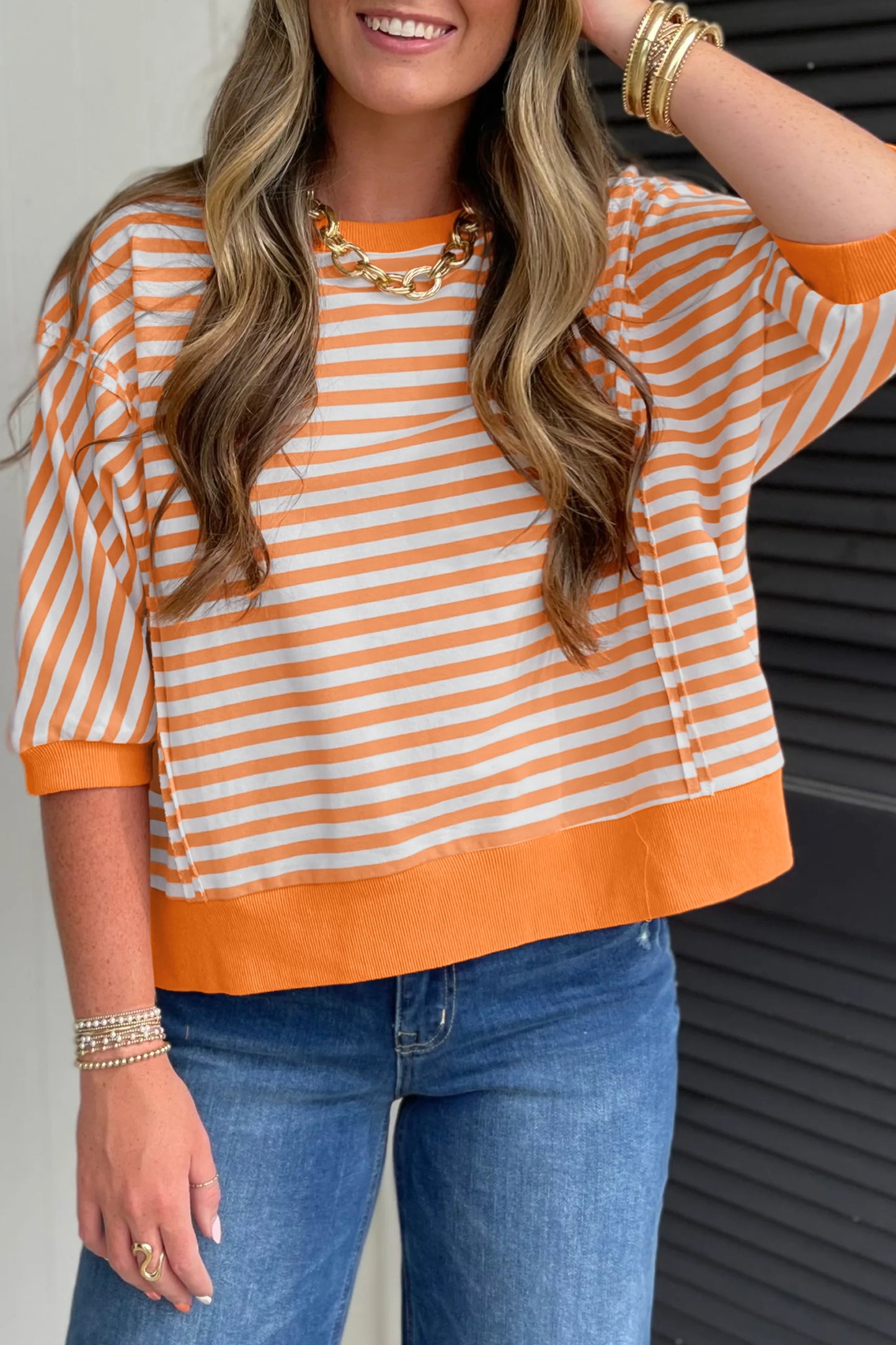 Orange Stripe 3/4 Sleeve Exposed Seam Patchwork Pullover Top-Tops/Tops & Tees-[Adult]-[Female]-2022 Online Blue Zone Planet