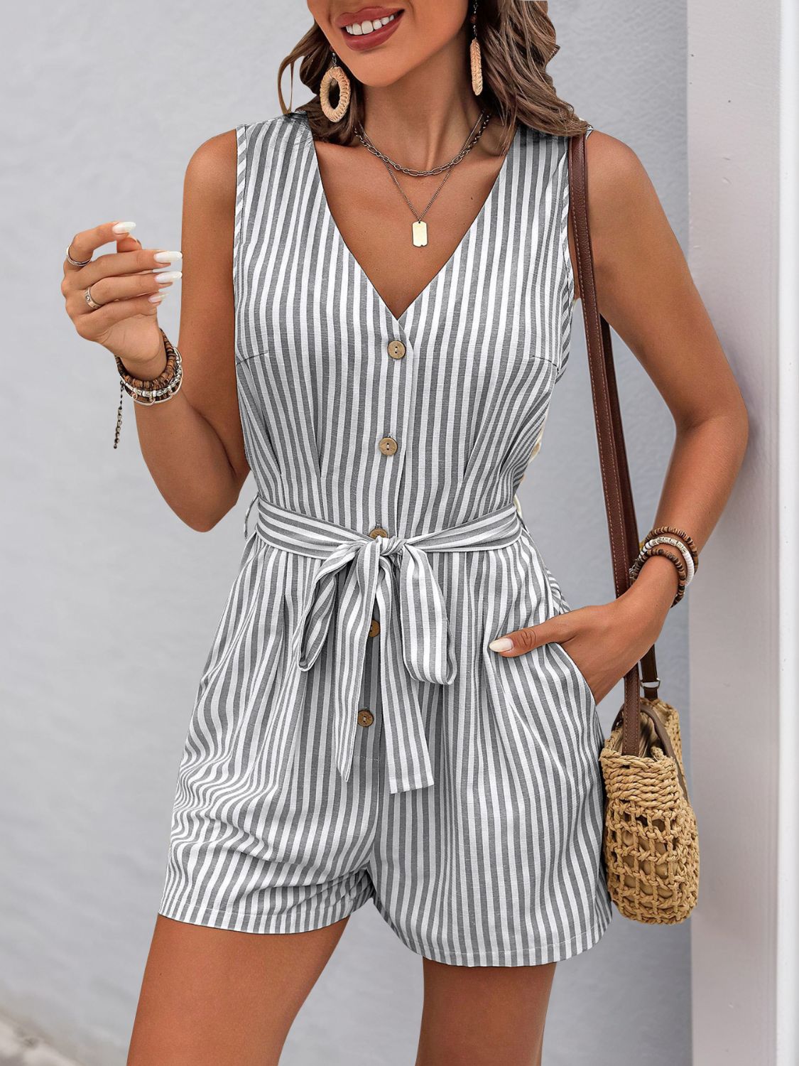 Blue Zone Planet | Perfee Striped V-Neck Tie Waist Romper-TOPS / DRESSES-[Adult]-[Female]-Light Gray-S-2022 Online Blue Zone Planet