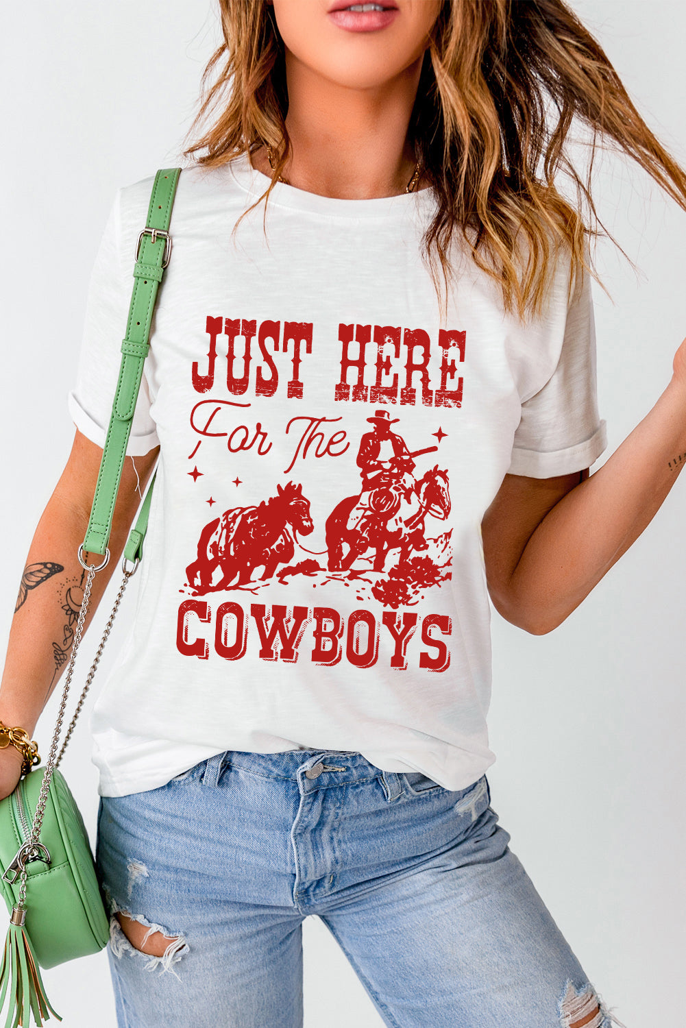 White Just Here For The Cowboy Cuffed Sleeve Crew Neck T Shirt