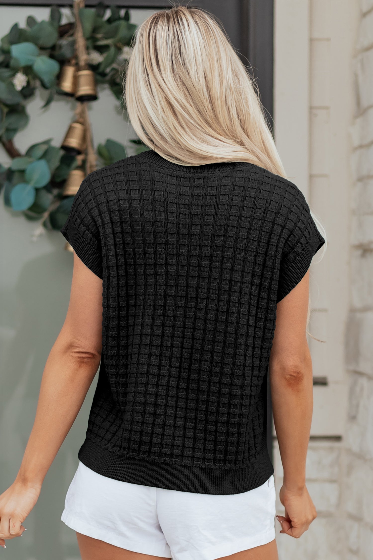 Black Solid Color Round Neck Textured Short Sleeve Sweater-Sweaters & Cardigans/Short Sleeve Sweaters-[Adult]-[Female]-2022 Online Blue Zone Planet