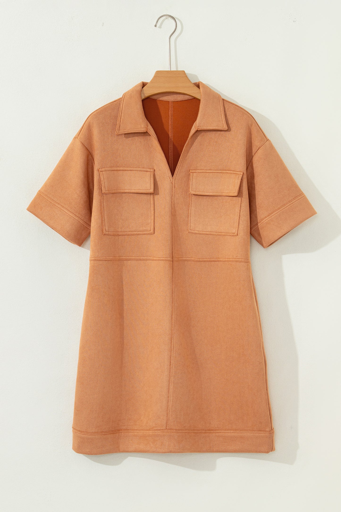 Thai Curry Collared V Neck Faux Suede Short Sleeve Shift Mini Dress-TOPS / DRESSES-[Adult]-[Female]-2022 Online Blue Zone Planet