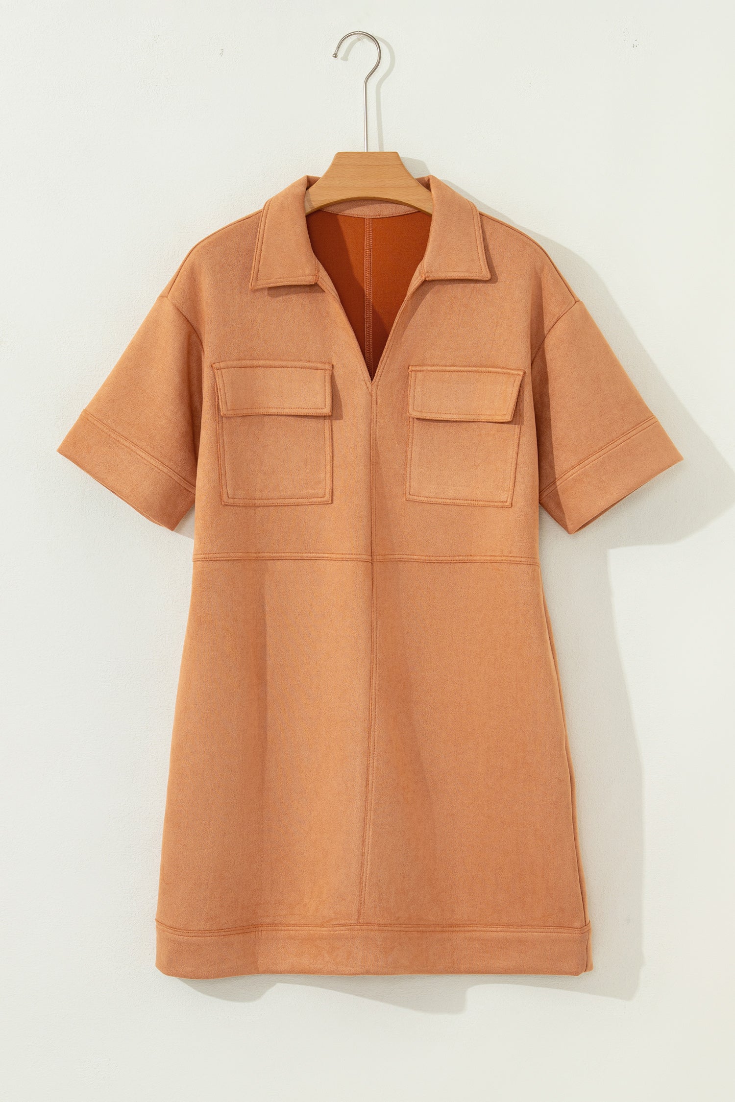 Thai Curry Collared V Neck Faux Suede Short Sleeve Shift Mini Dress-TOPS / DRESSES-[Adult]-[Female]-2022 Online Blue Zone Planet