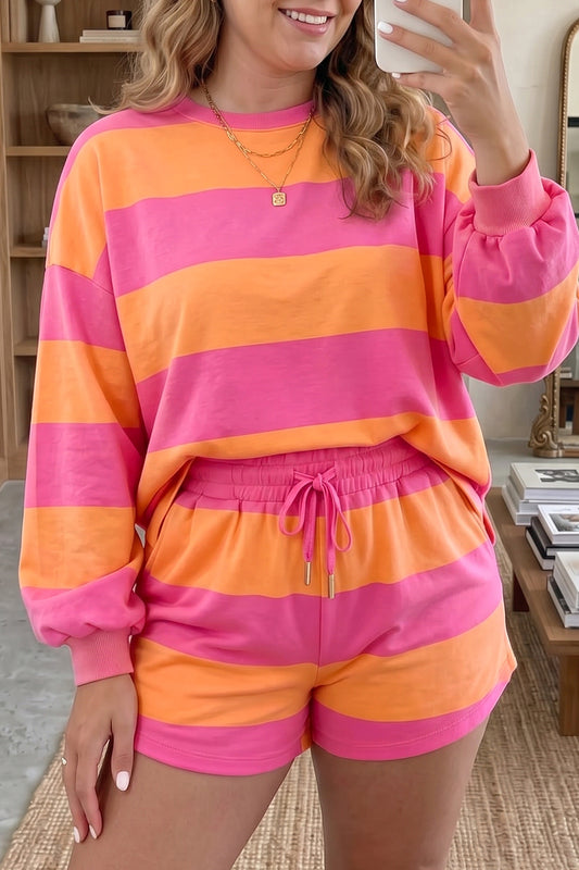 Pink Stripe Plus Size Horizontal Color Block Long Sleeve Top Drawstring Short Set-Plus Size/Plus Size Loungewear-[Adult]-[Female]-Pink Stripe-1X-2022 Online Blue Zone Planet